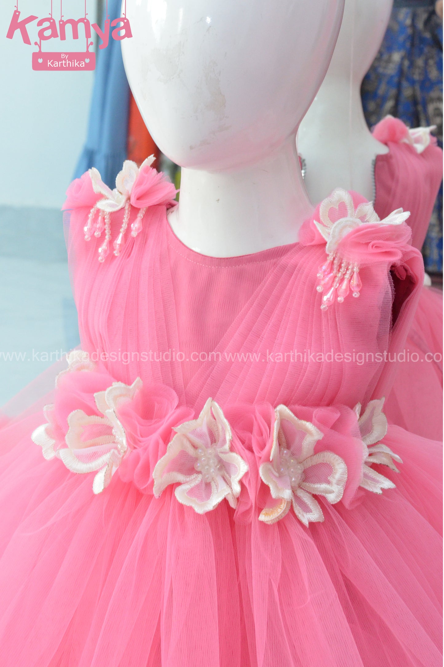 Baby pink embroidered net long gown