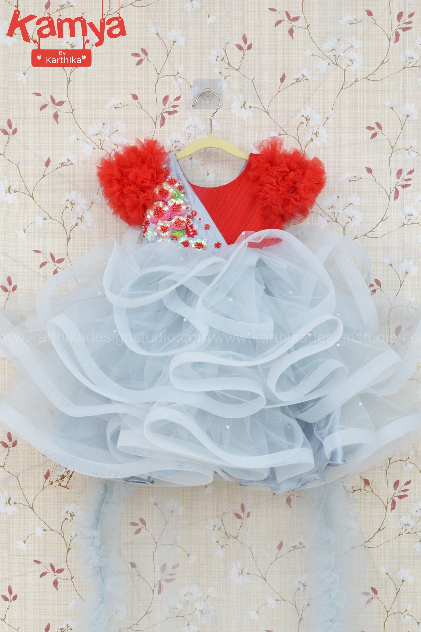 Grey and red net frock