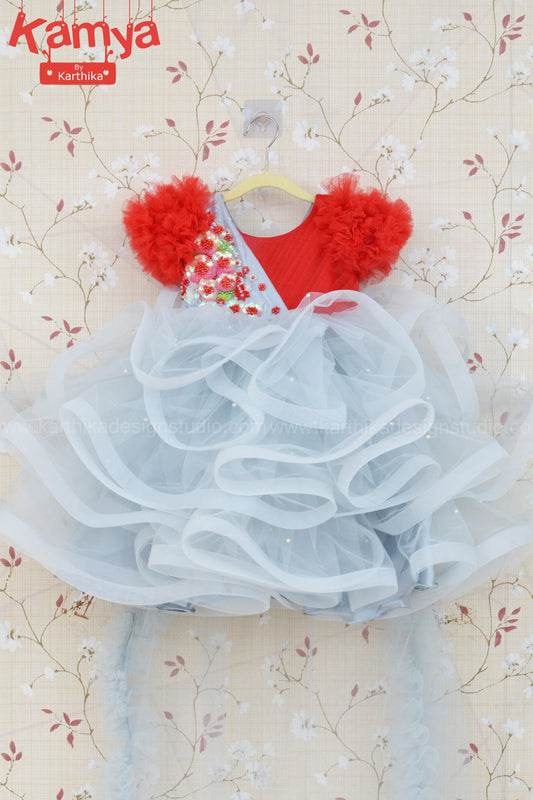 Grey and red net frock