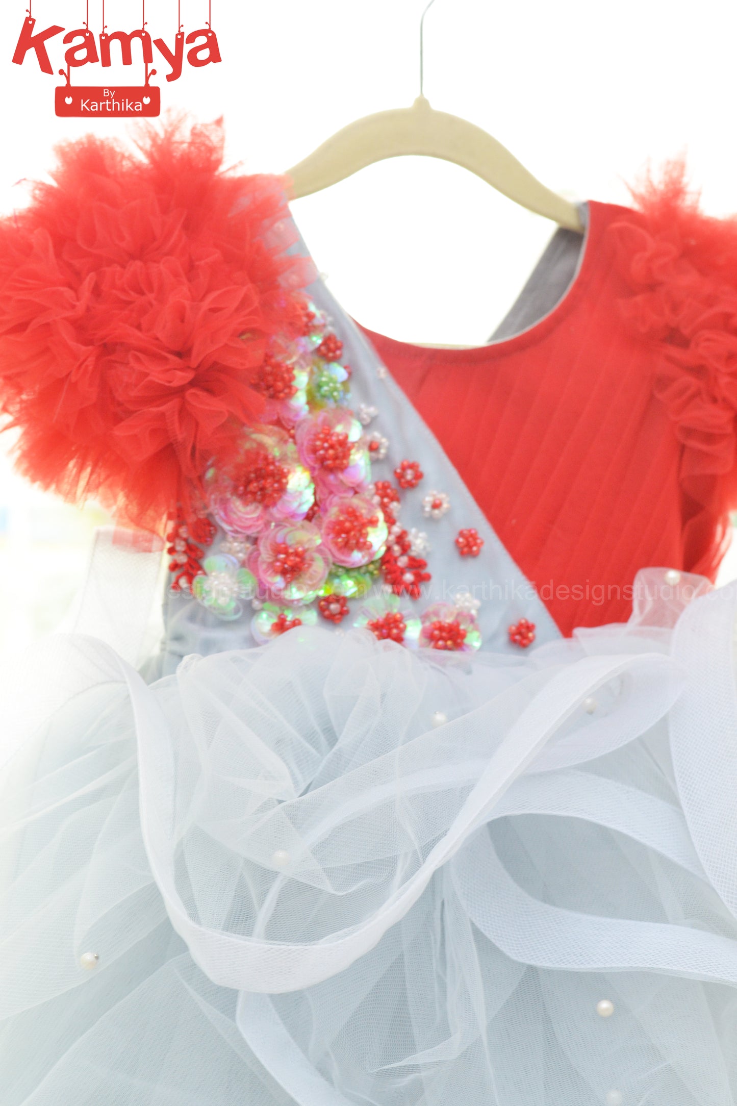 Grey and red net frock