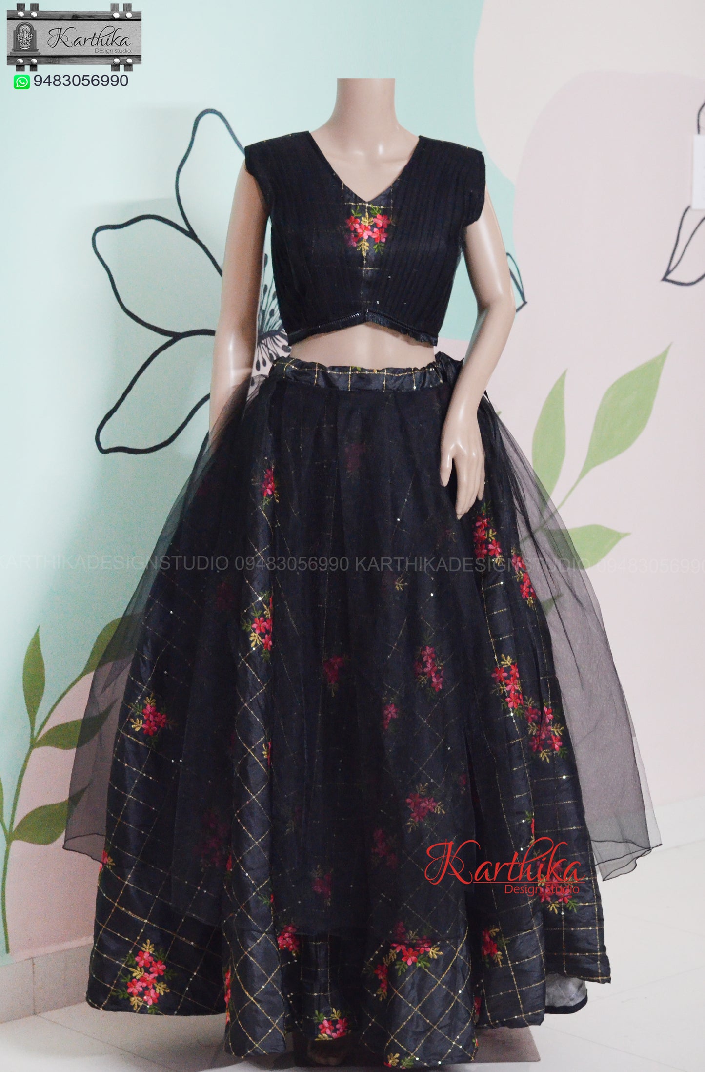Embroidered chinnon and net crop top lehenga
