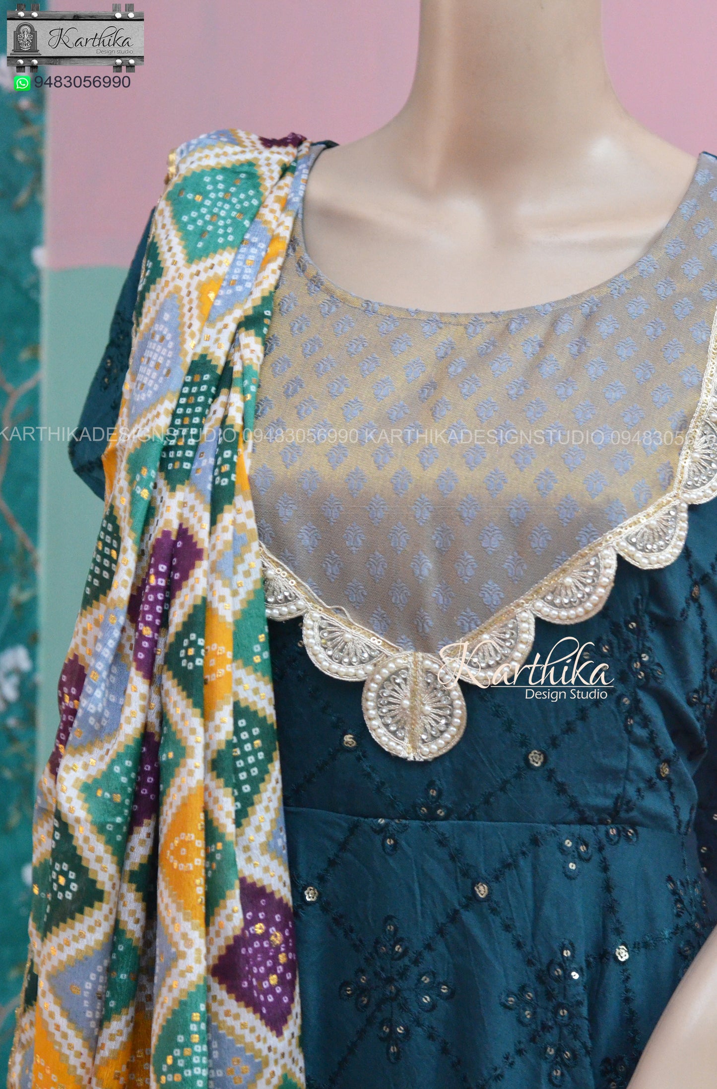Bottle green Embroidered chanderi chudidhar