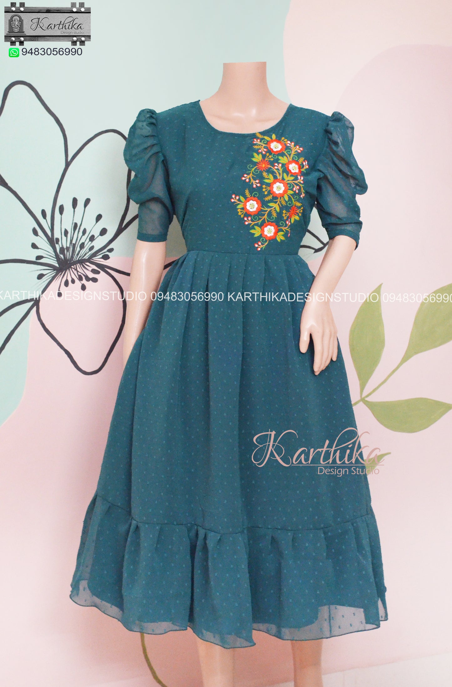 Bottle green embroidered georgette frock