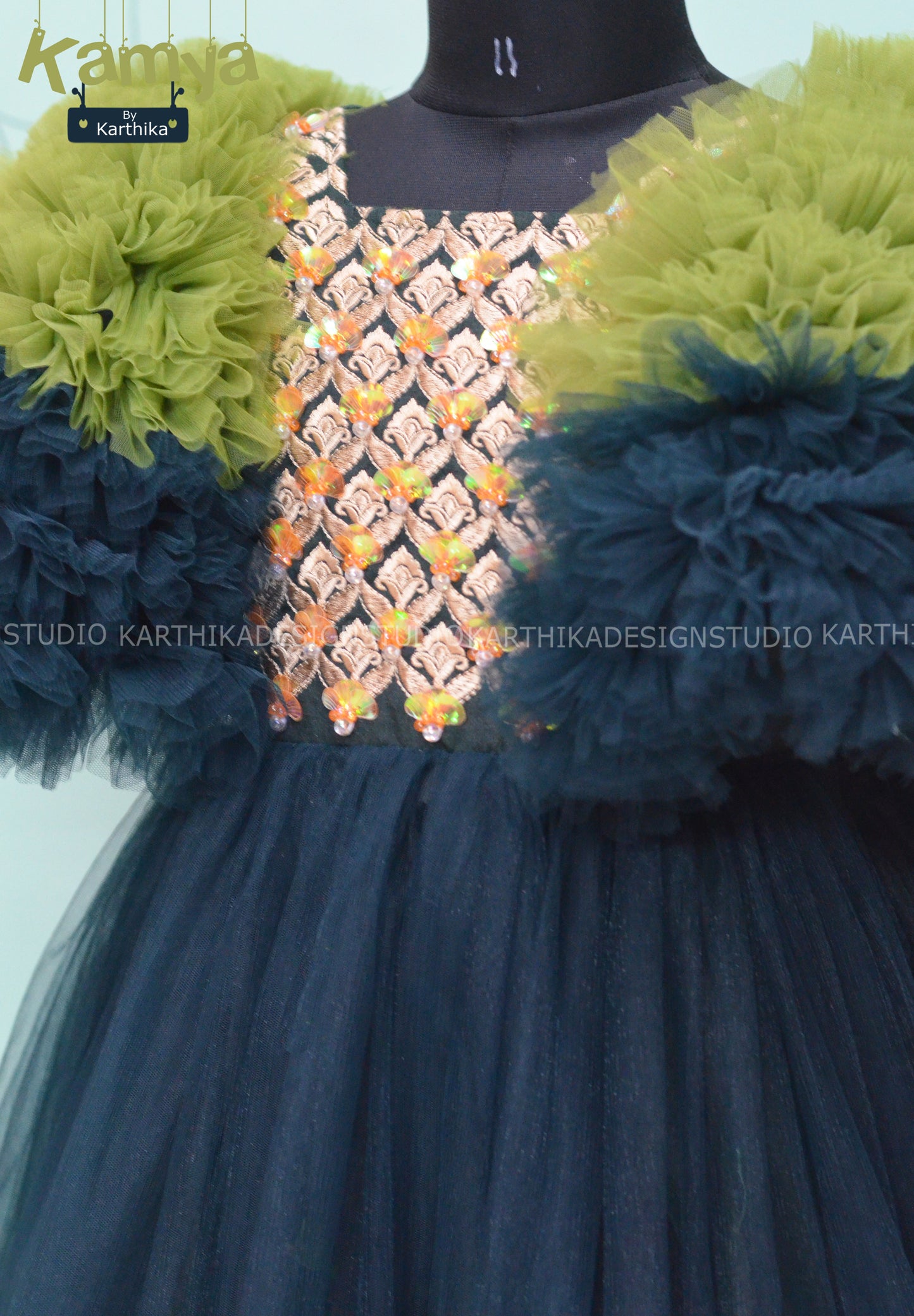 Olive green and bottle green net frock