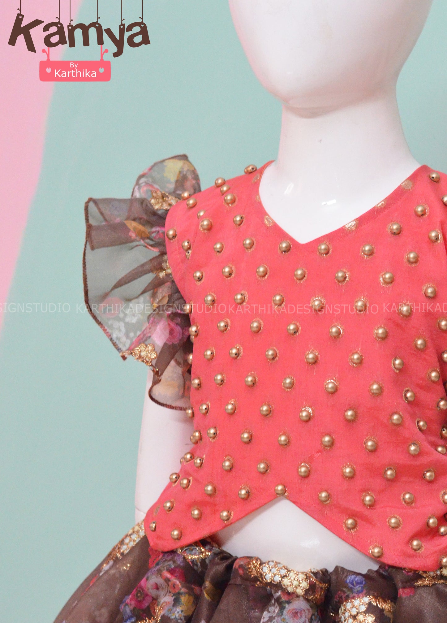 Brown floral organza crop top skirt.