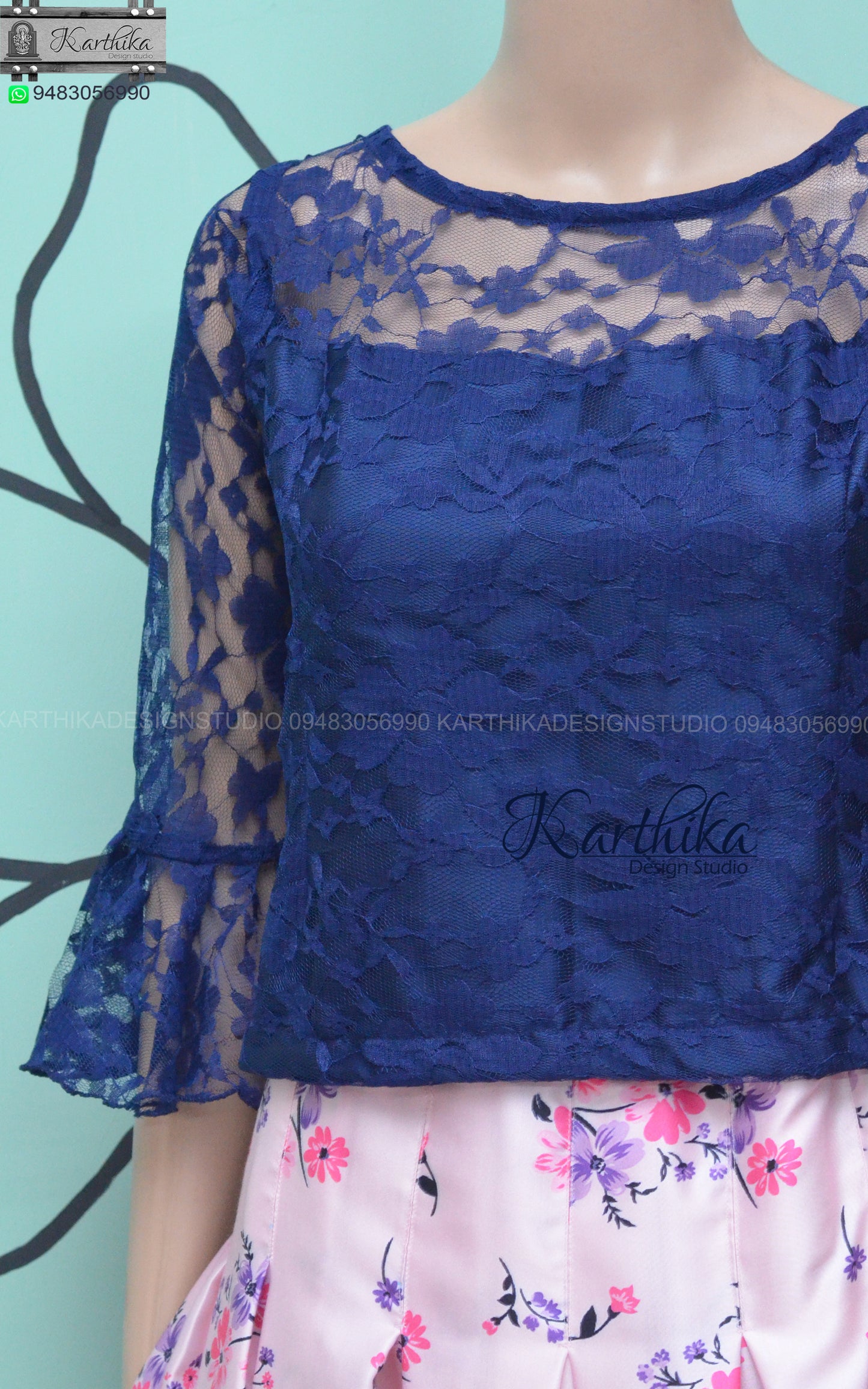 Floral net crop top with satin skirt..