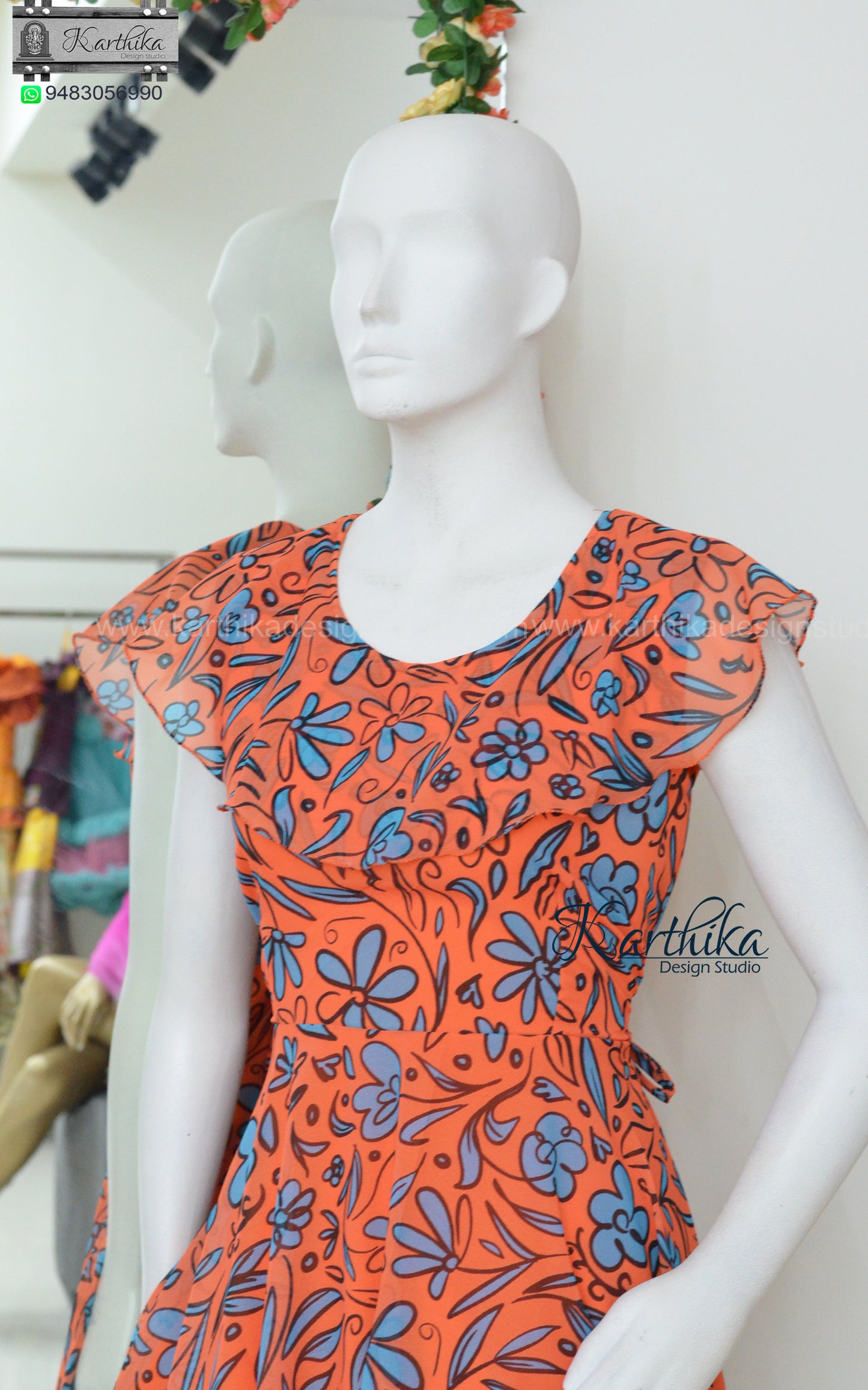Doodle print orange floral georgette frock