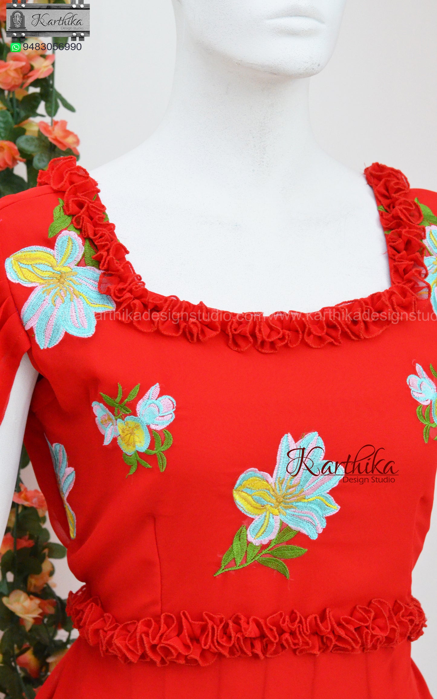 Embroidered red georgette frock