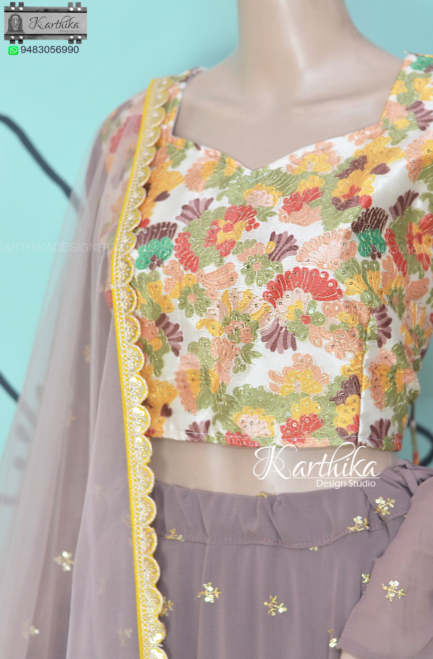 Embroidered georgette crop top lehenga