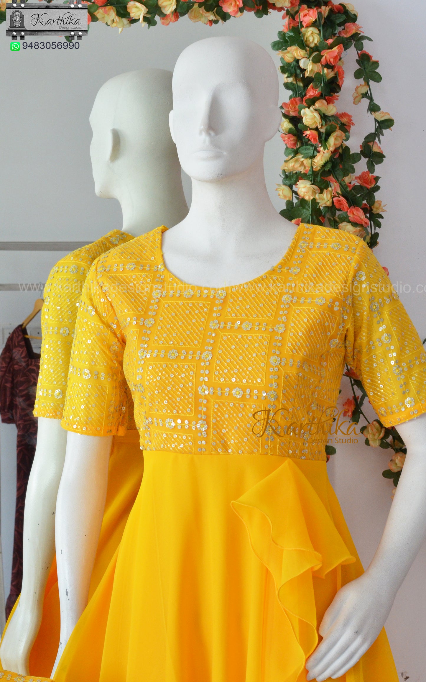 Yellow embroidered net/georgette frock