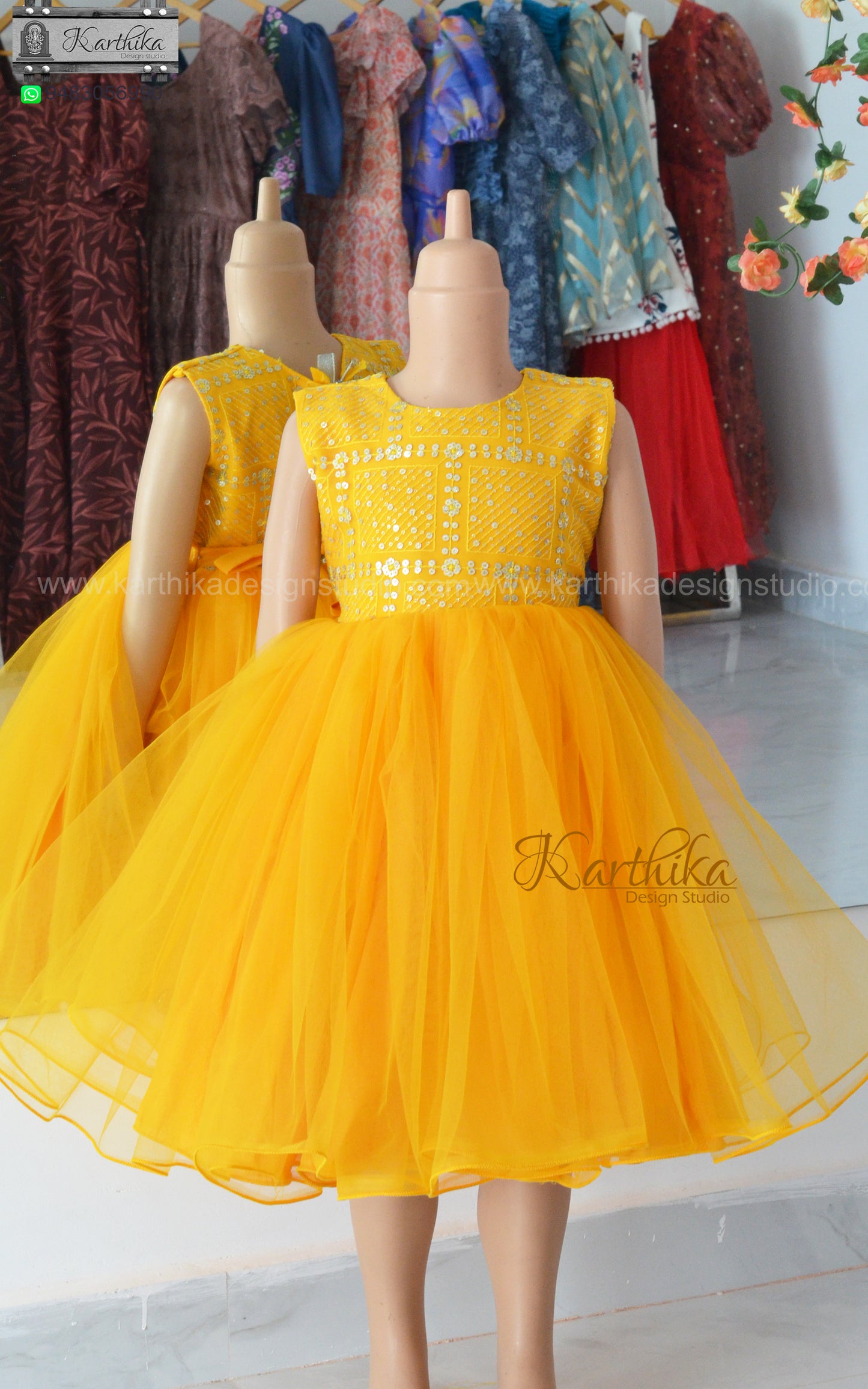 Yellow embroidered net/georgette frock