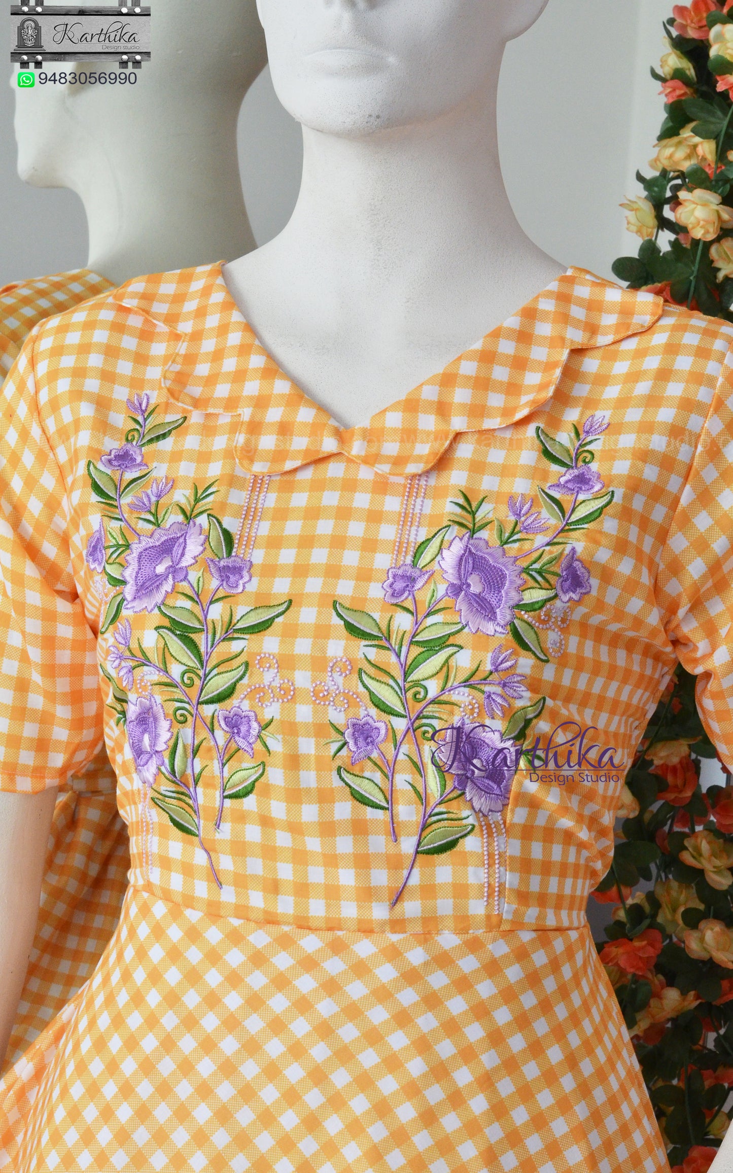 Embroidered checks cotton frock