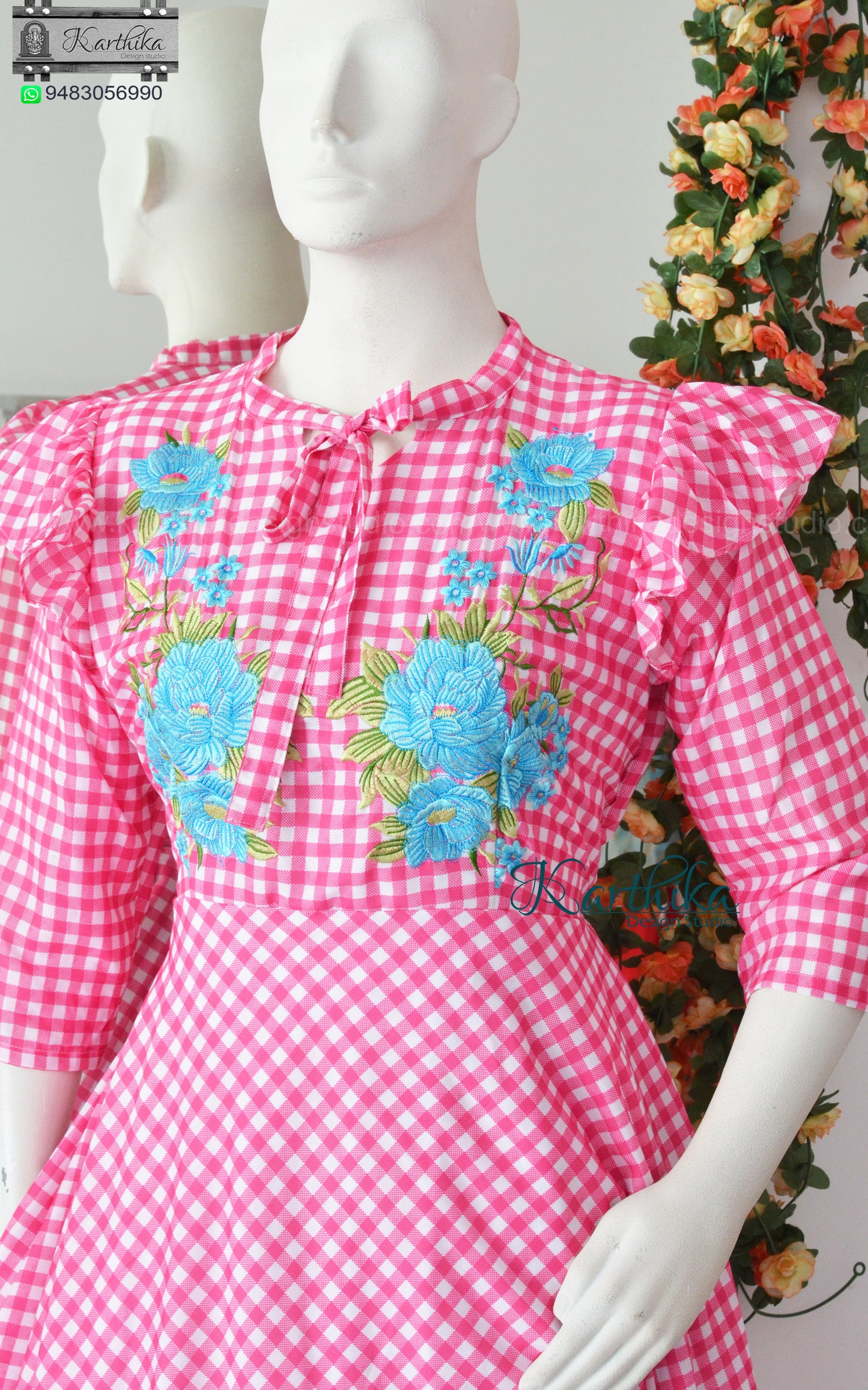 Embroidered checks cotton frock