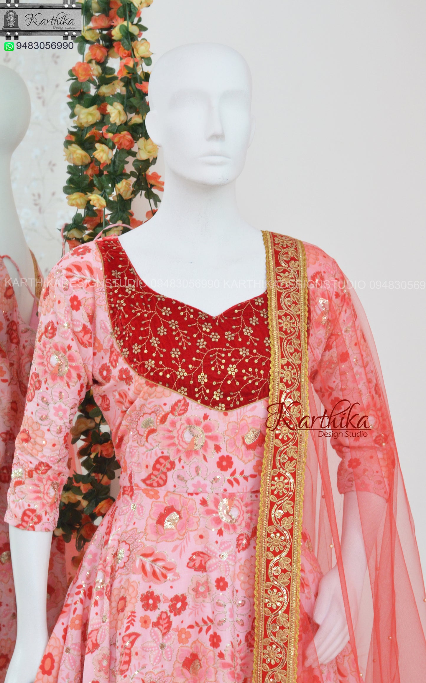 Embroidered chinnon and velvet long gown