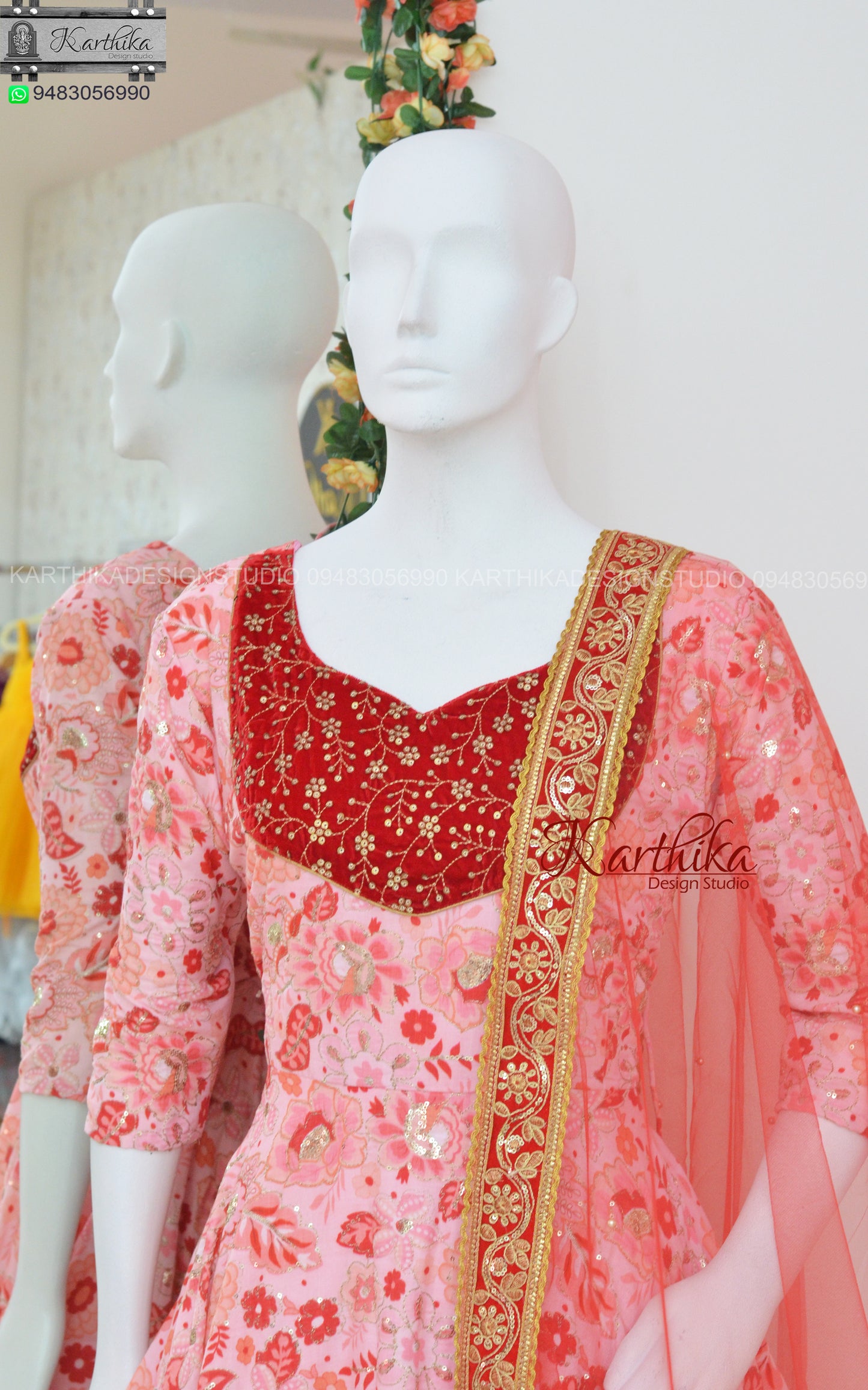 Embroidered chinnon and velvet long gown