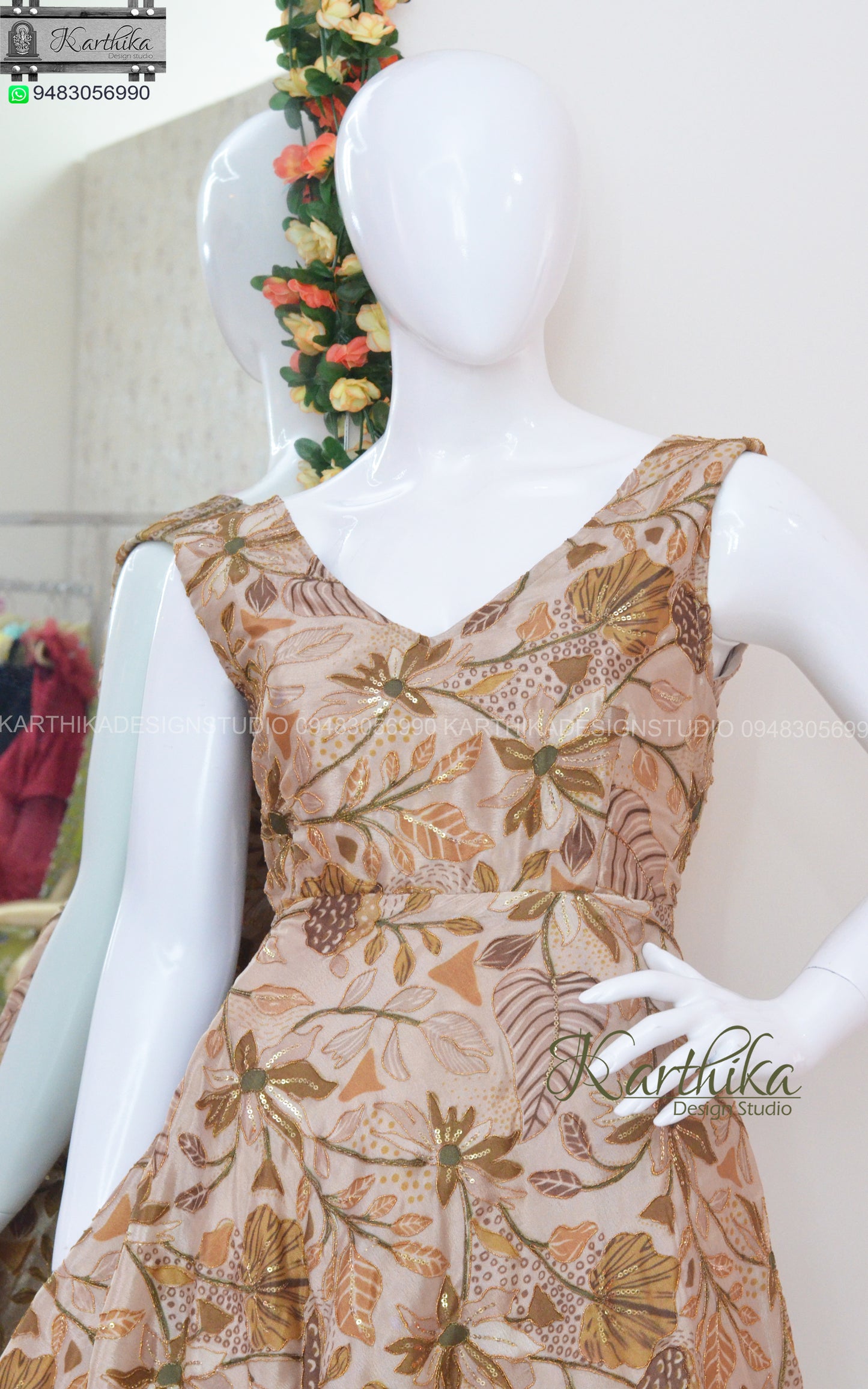 Embroidered chinnon long gown