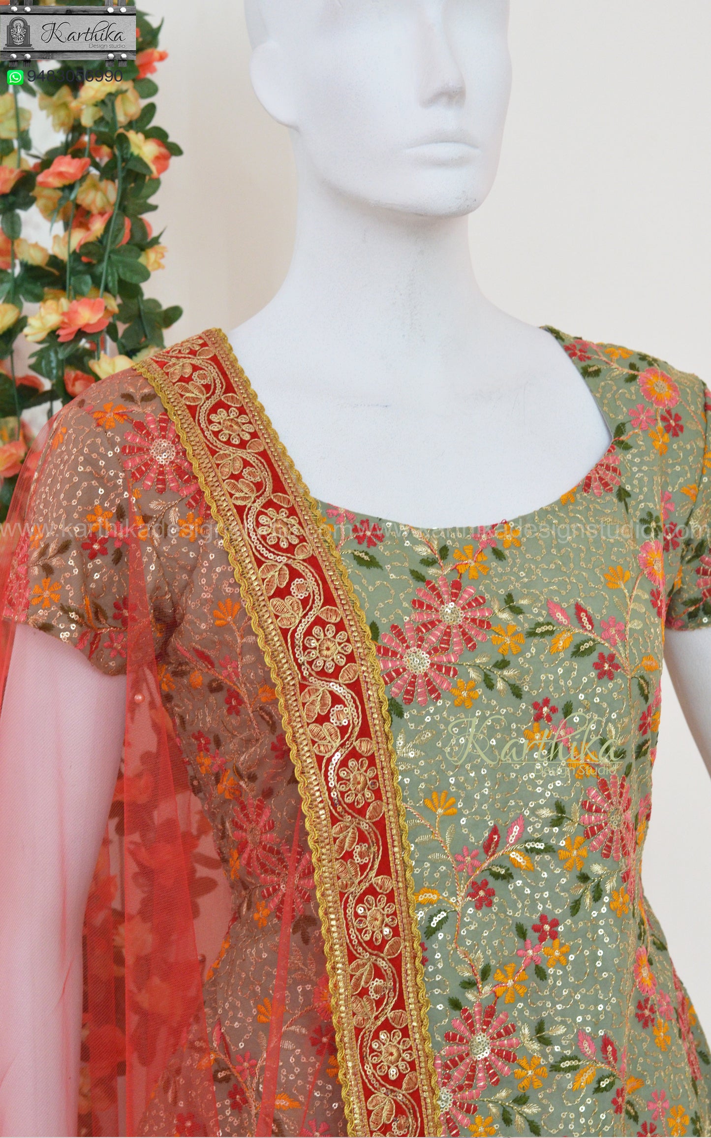 Embroidered georgette and chinnon sharara set