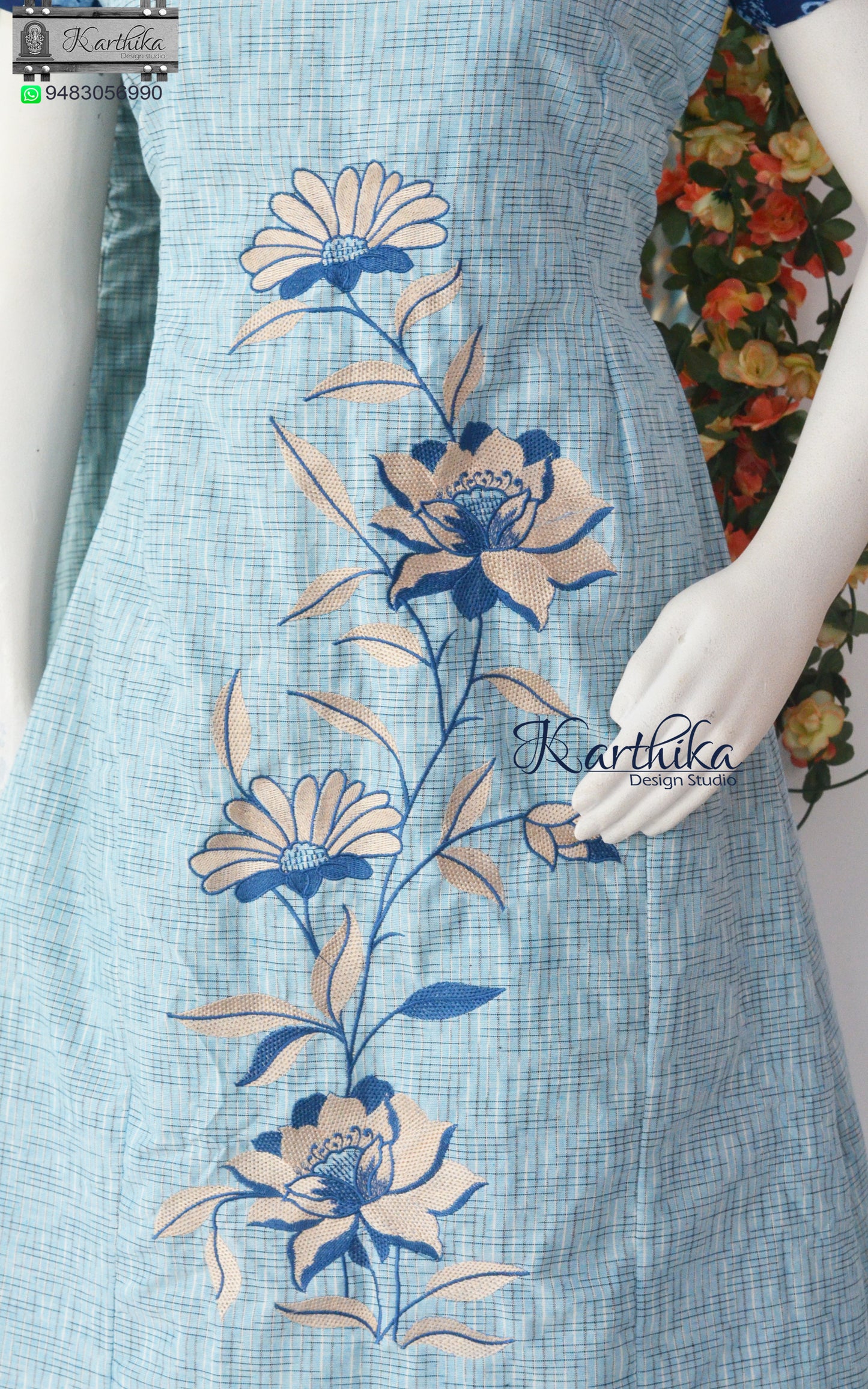 Embroidered Aline ikkat cotton frock