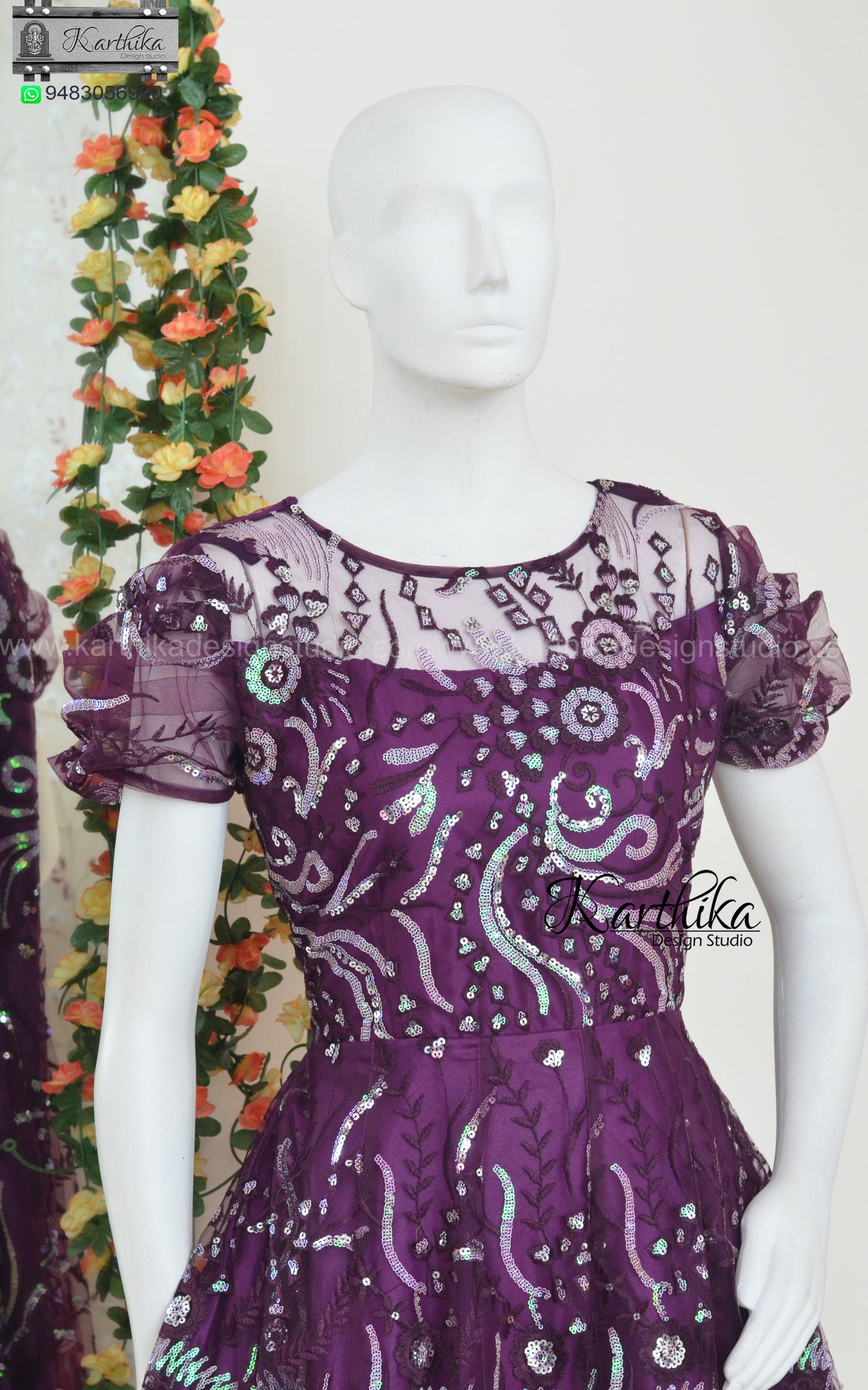 Embroidered net long gown