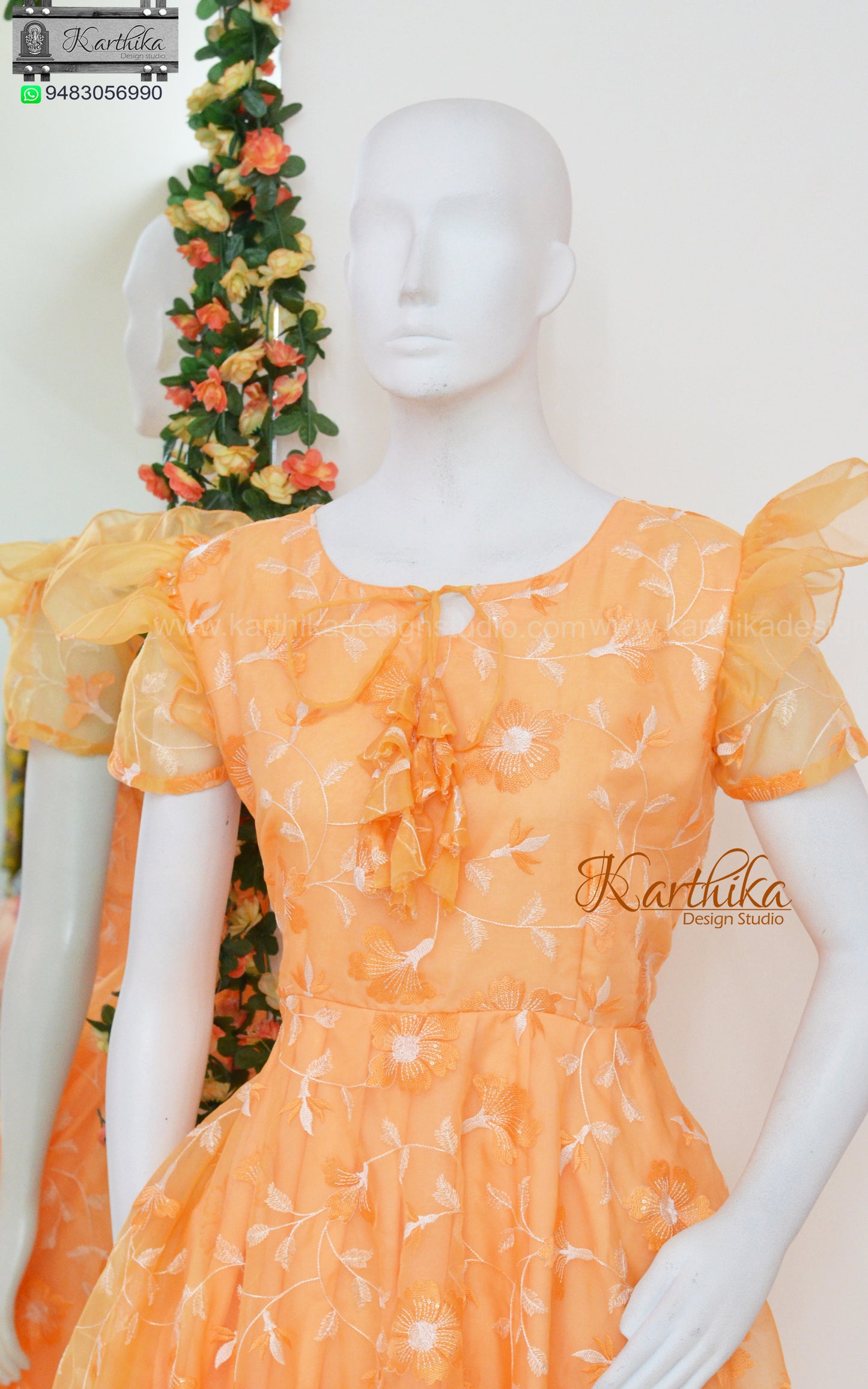 Orange embroidered organza frock