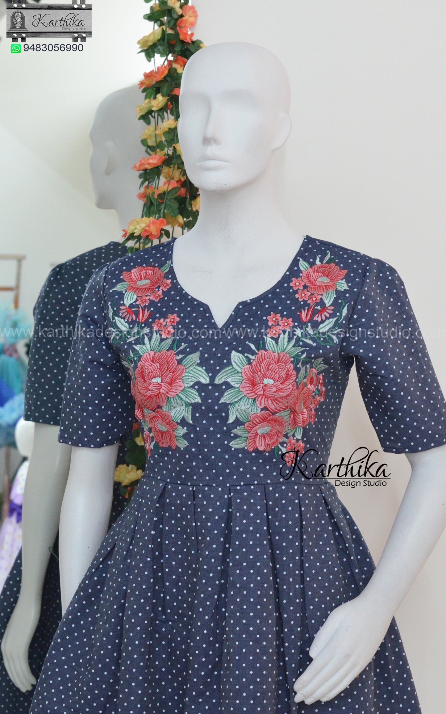 Embroidered polka dots denim frock