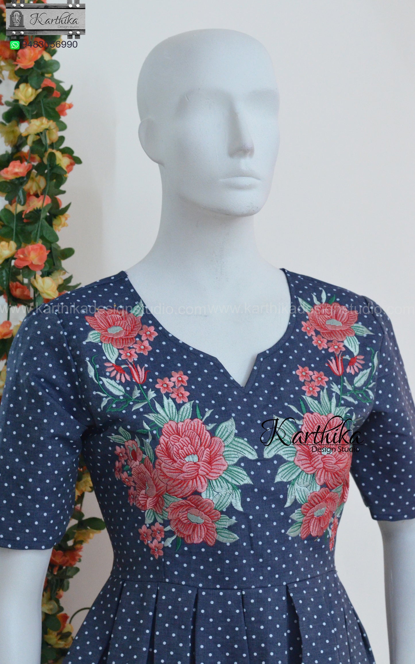 Embroidered polka dots denim frock