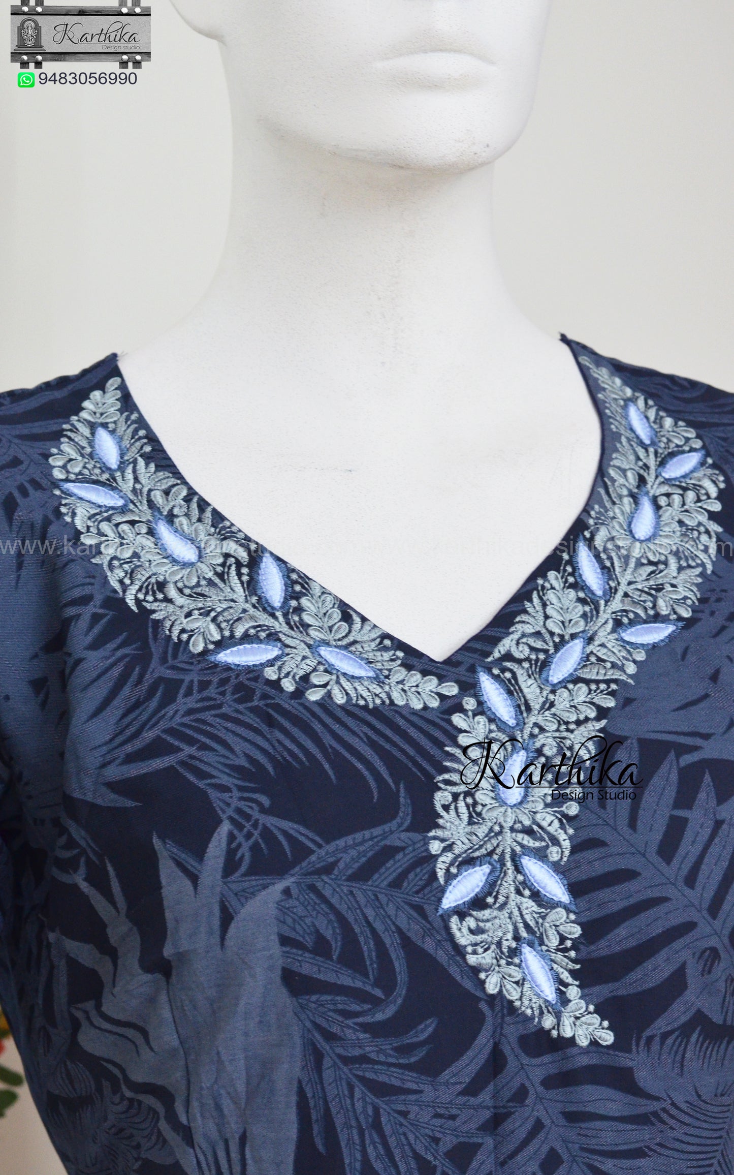 Embroidered printed denim frock with pockets