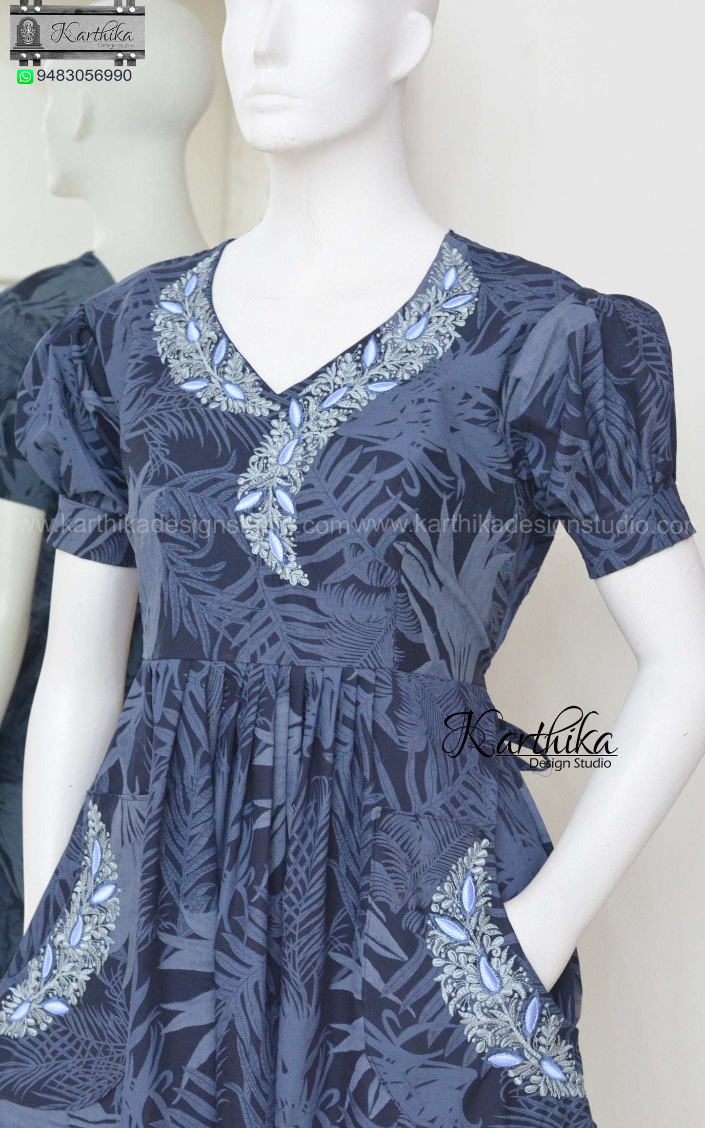 Embroidered printed denim frock with pockets