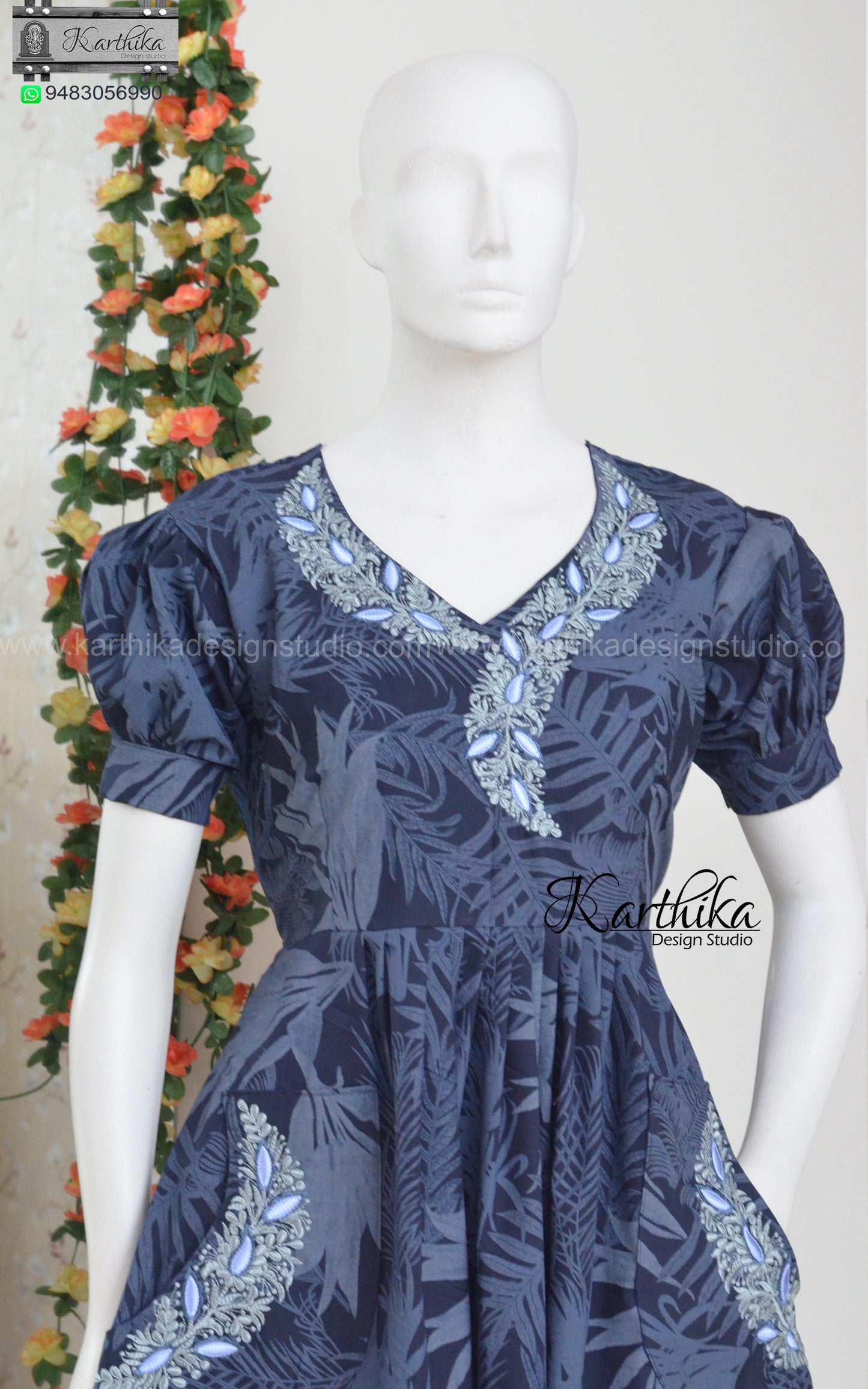 Embroidered printed denim frock with pockets