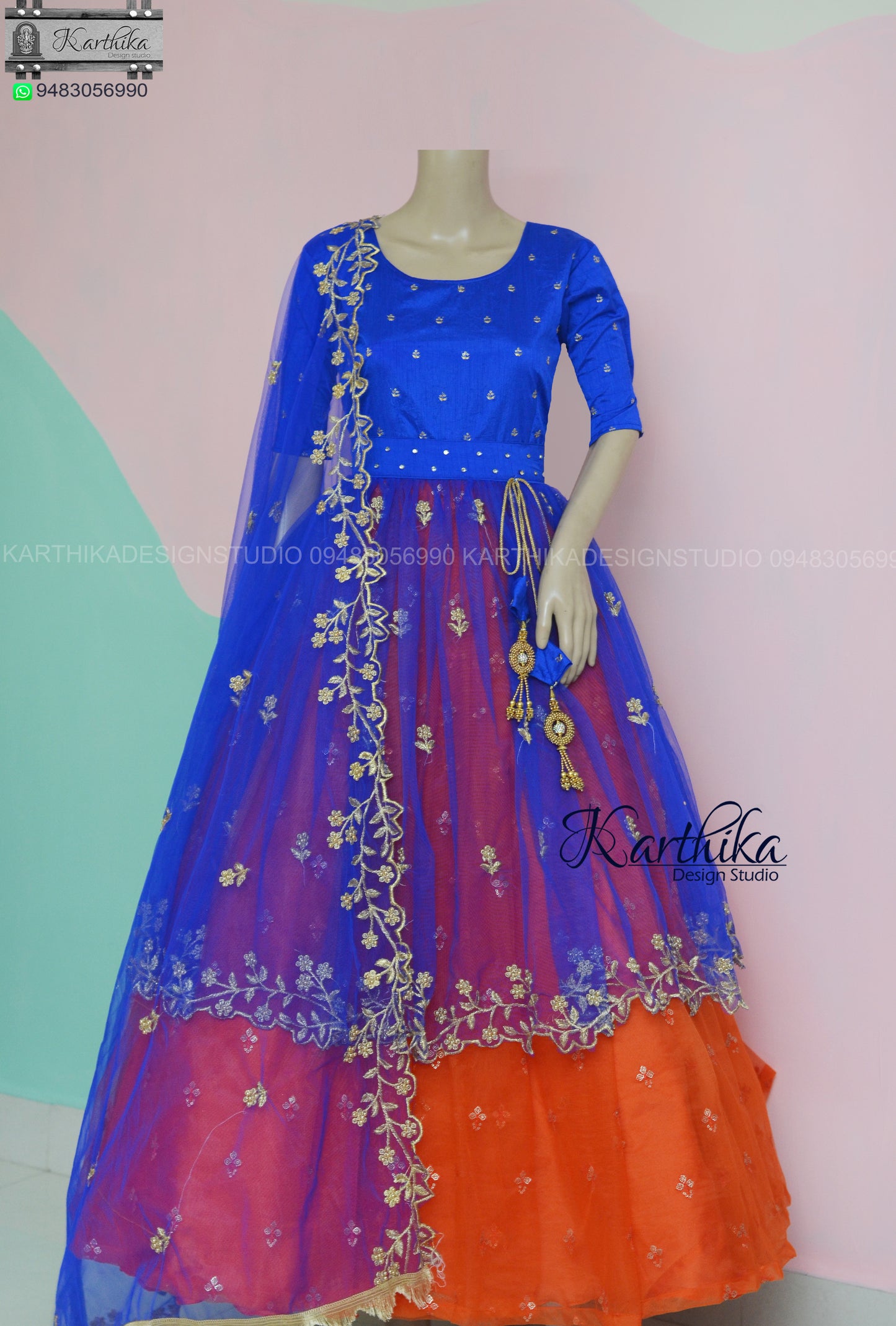 Embroidered raw silk/net frock