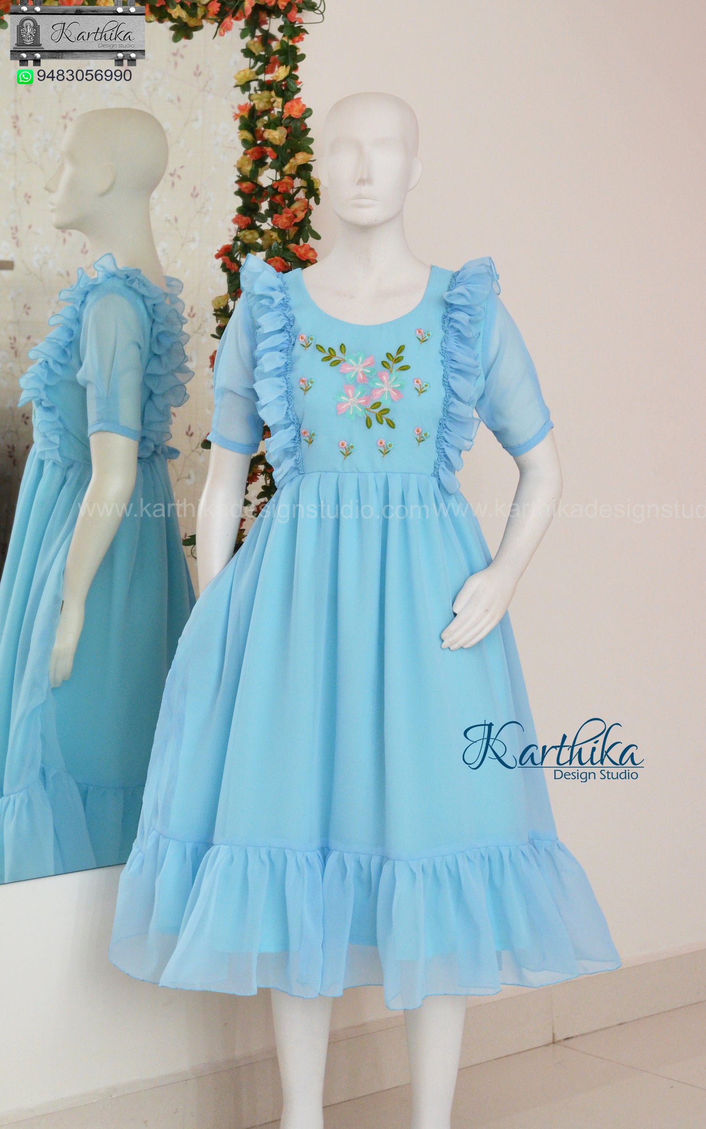 Embroidered sky blue georgette frock