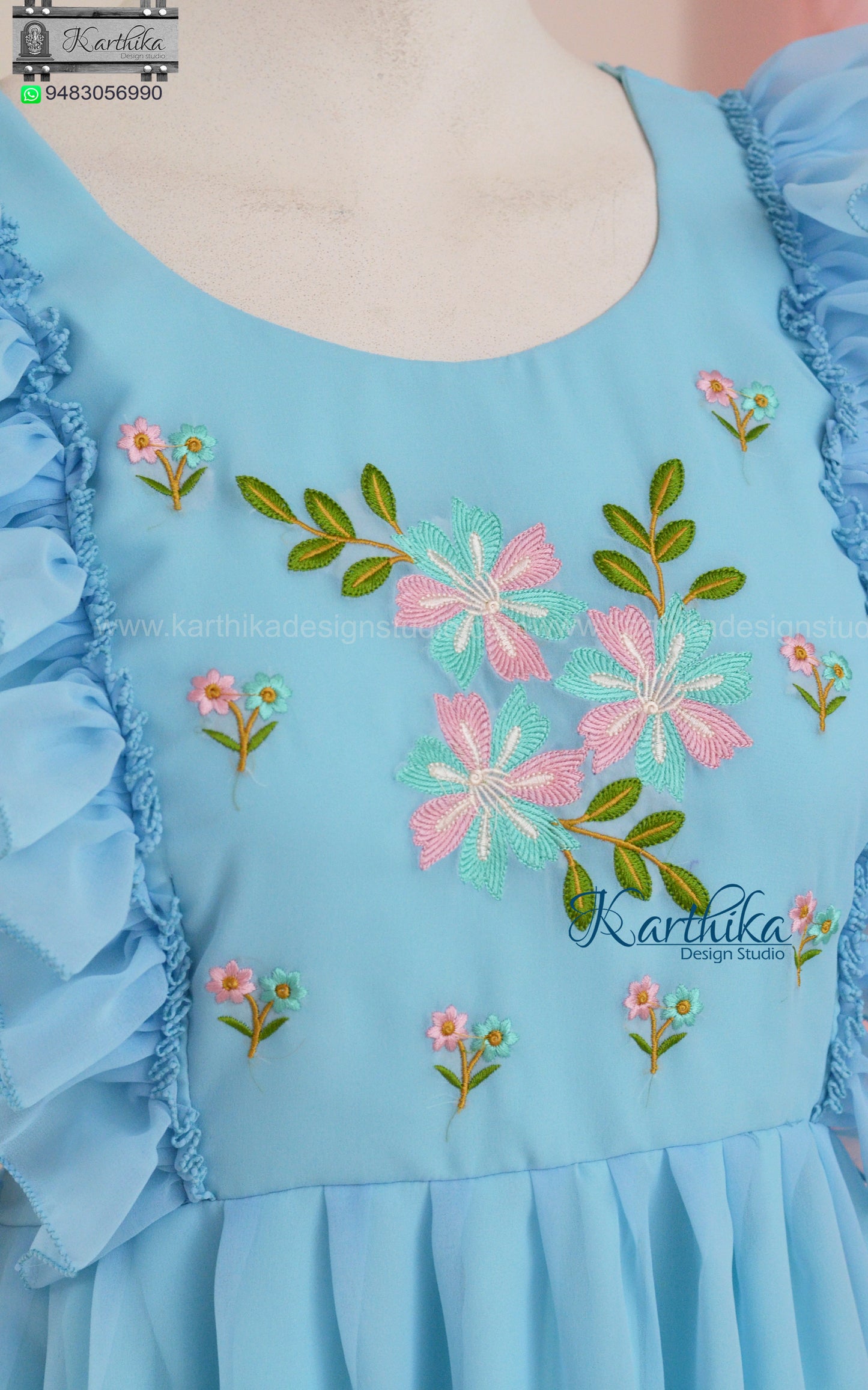 Embroidered sky blue georgette frock