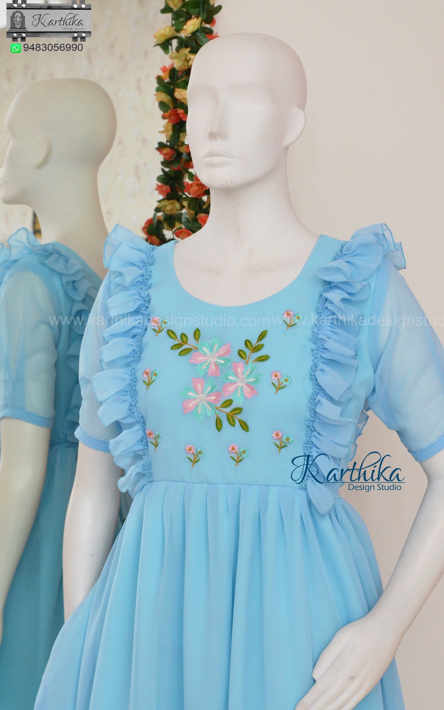 Embroidered sky blue georgette frock