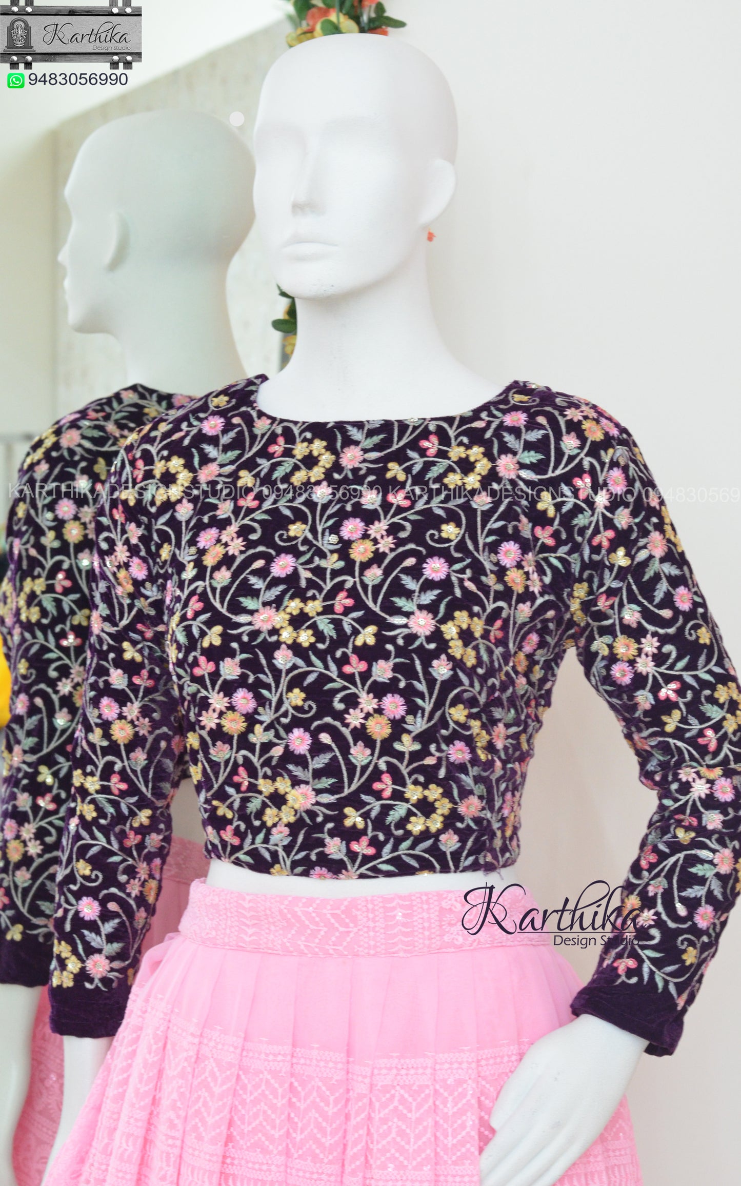 Embroidered velvet and georgette crop top lehenga