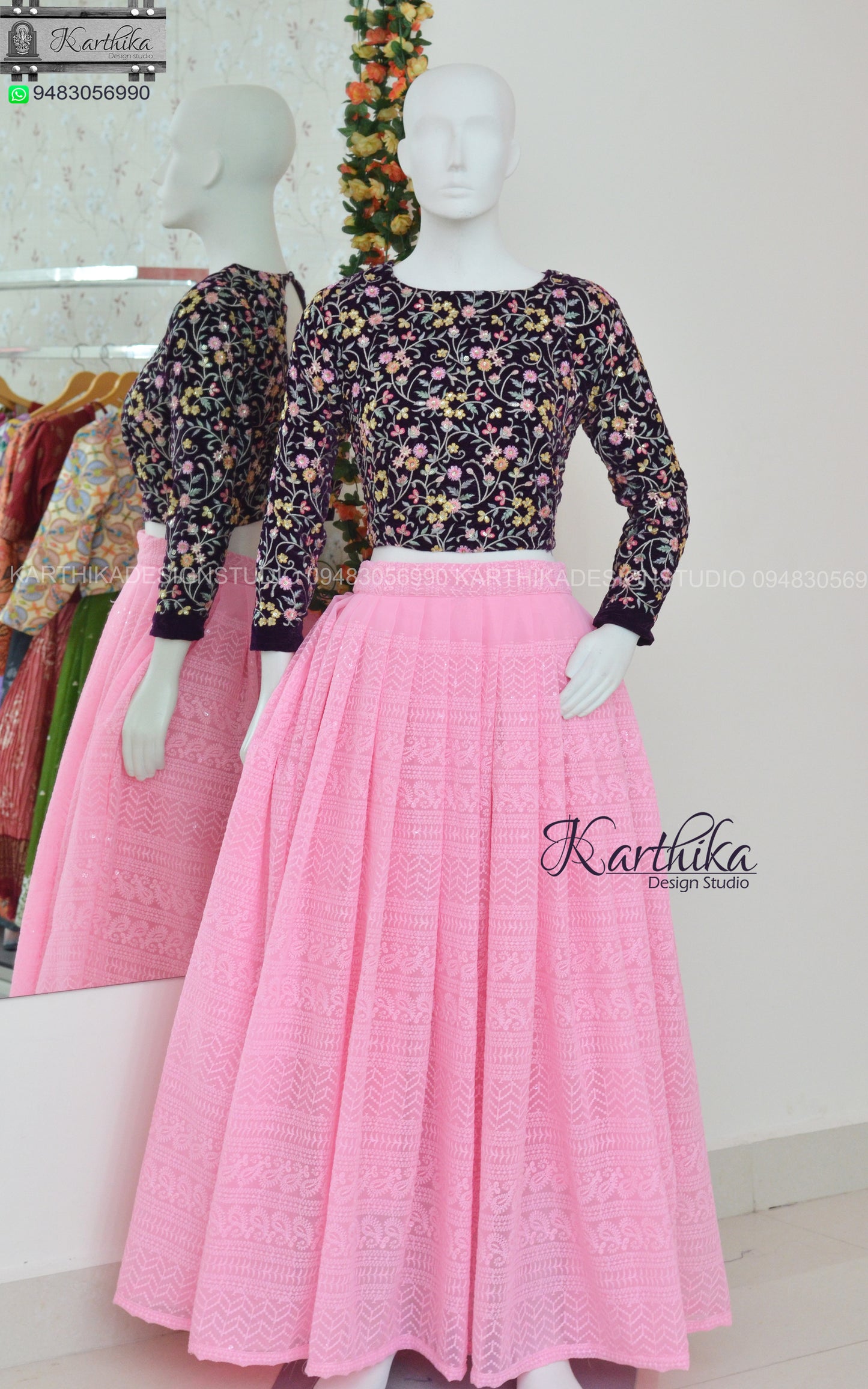 Embroidered velvet and georgette crop top lehenga