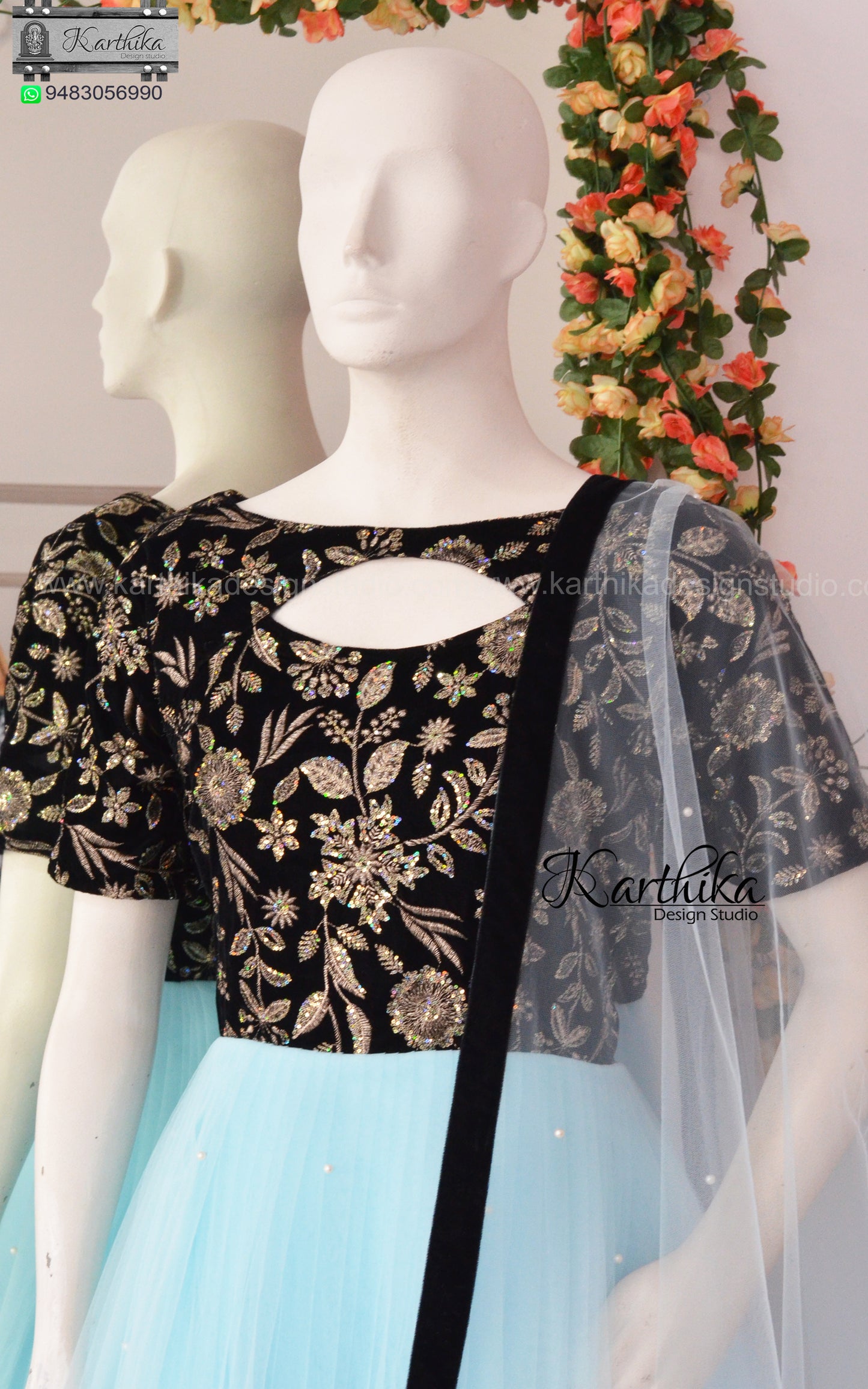 Embroidered velvet and net chudidhar