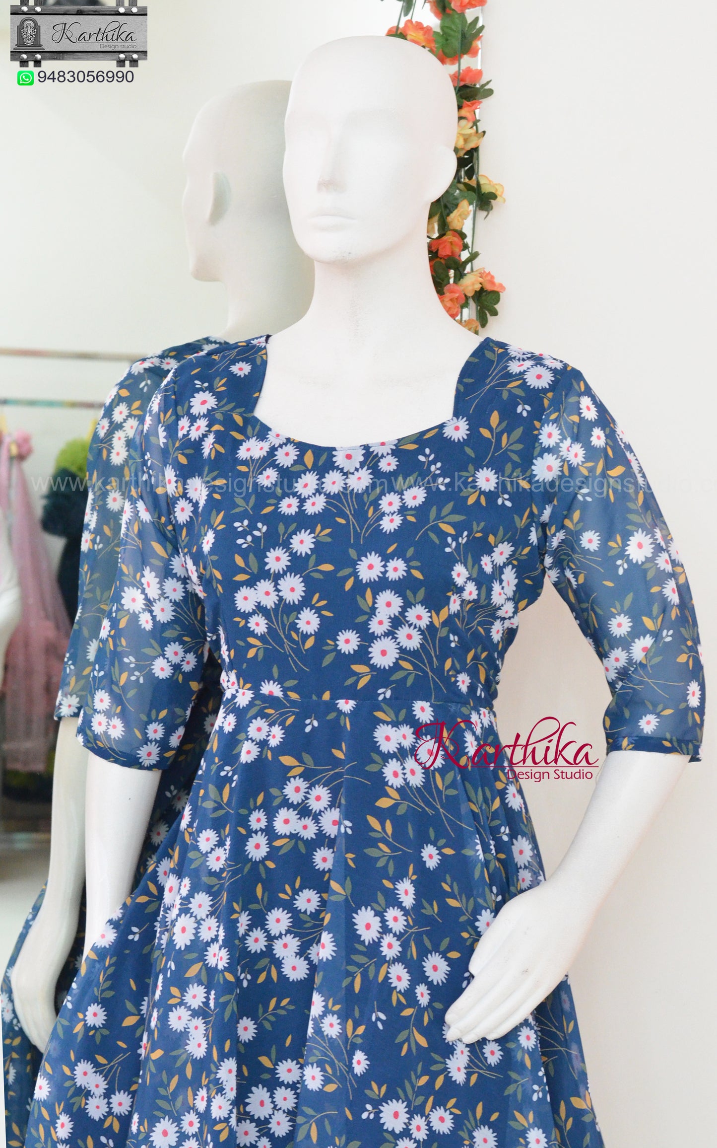 Navy blue floral georgette frock