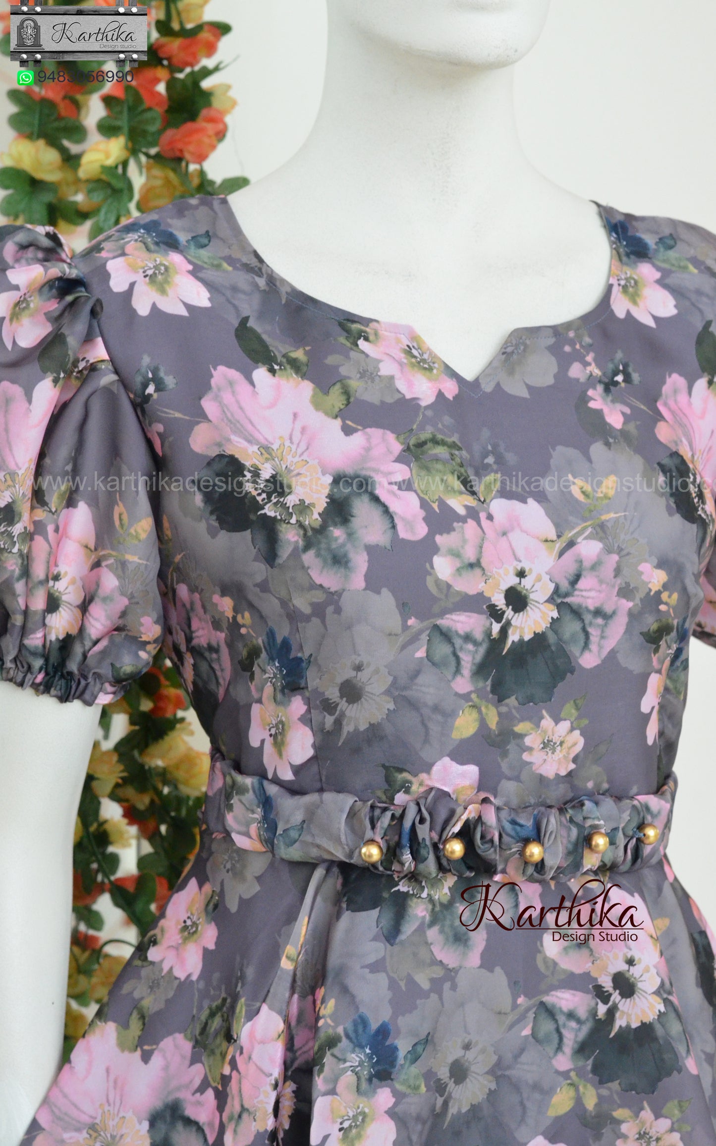 Floral glazed organza frock with detachable belt