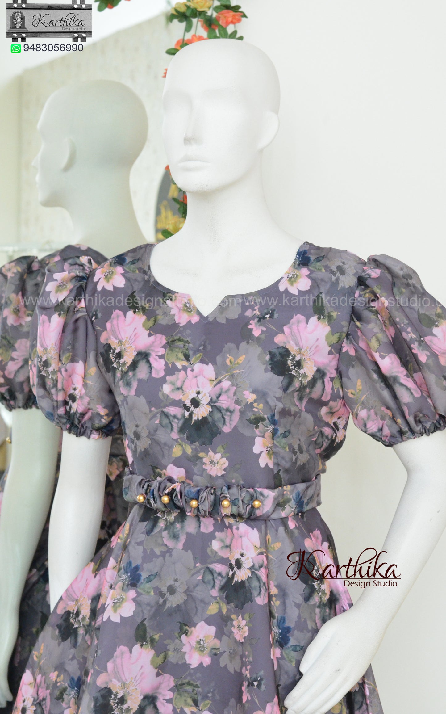 Floral glazed organza frock with detachable belt
