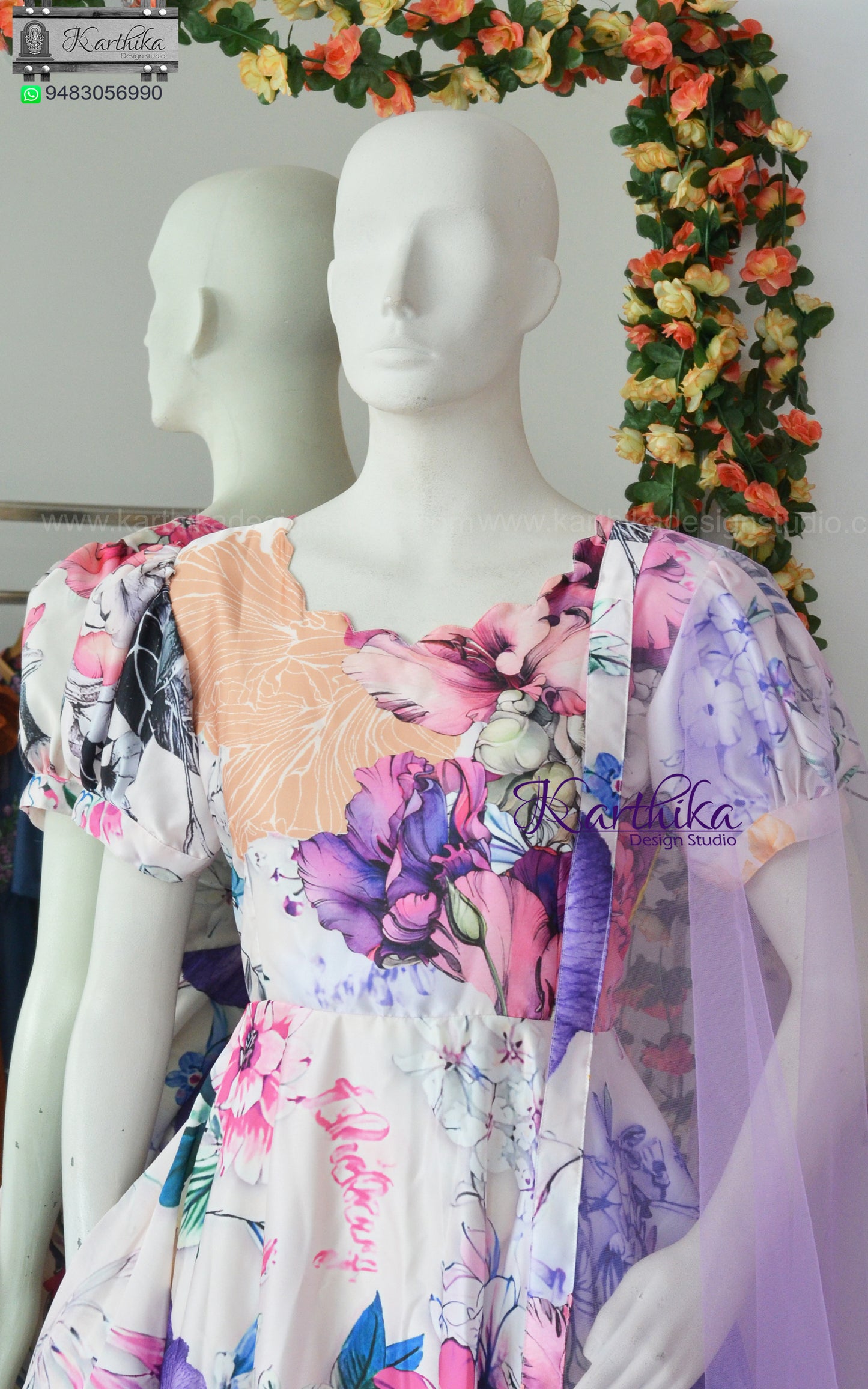 Floral satin chudidhar