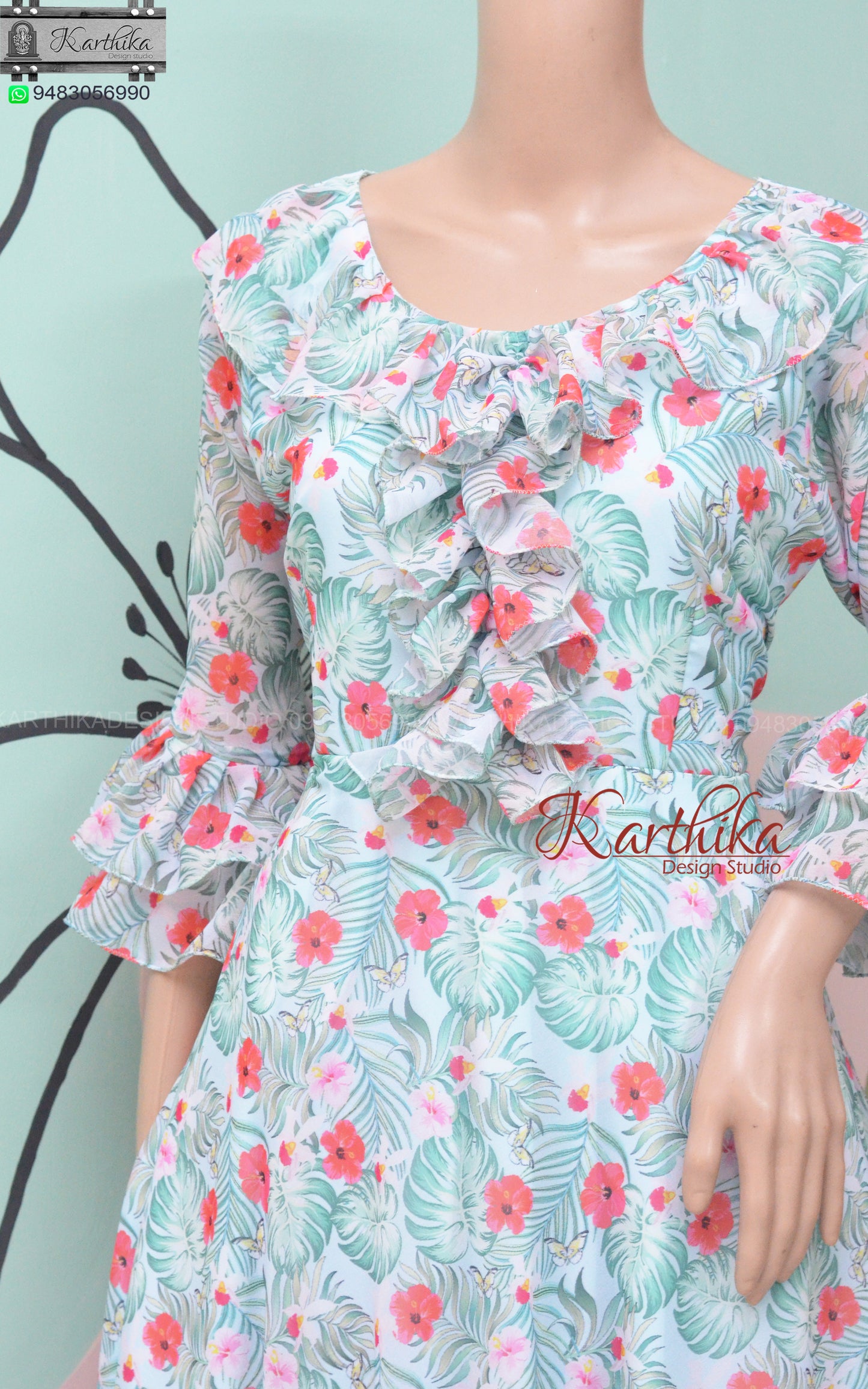 Sea green floral georgette frock
