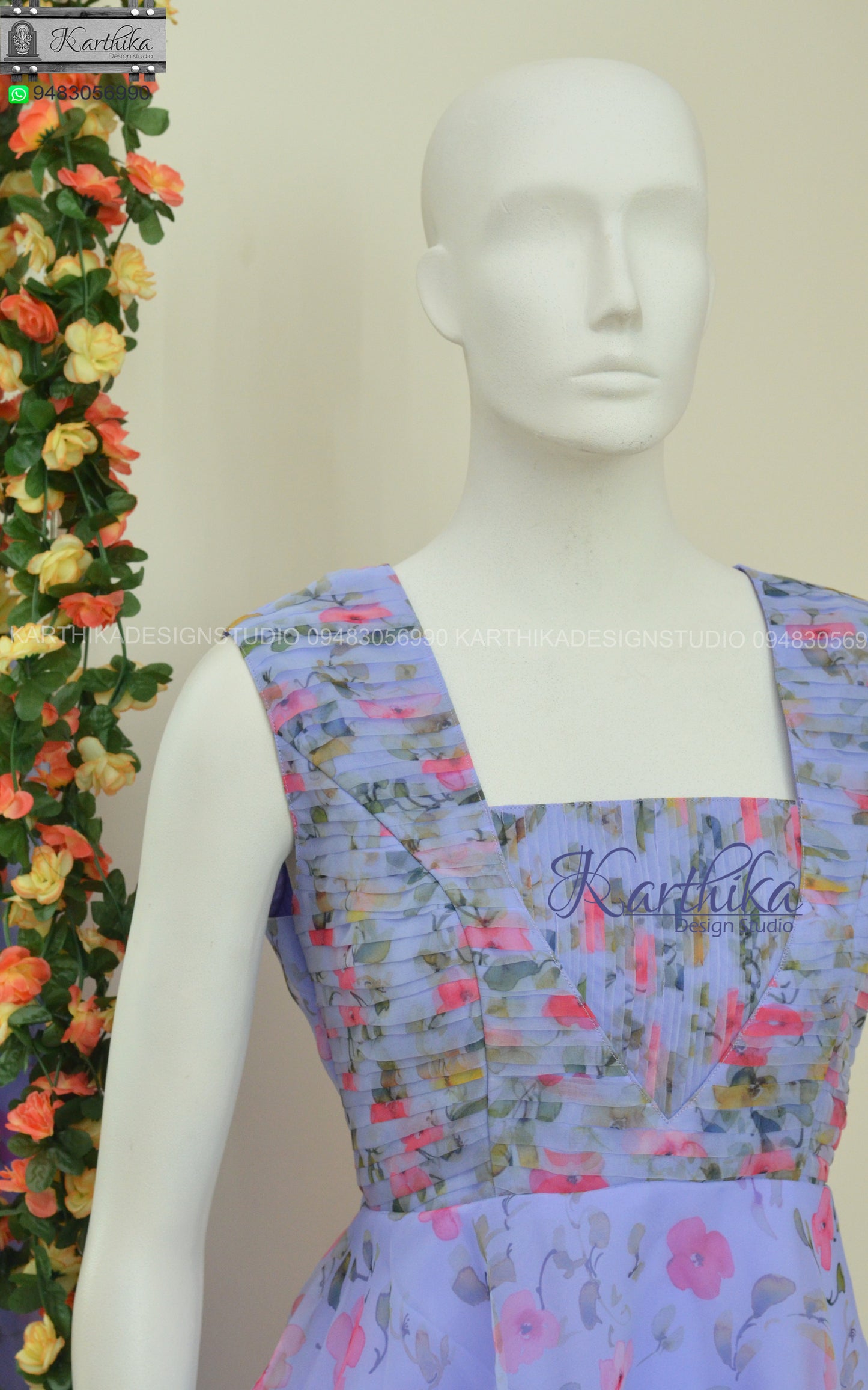 Lavender floral pleated organza frock