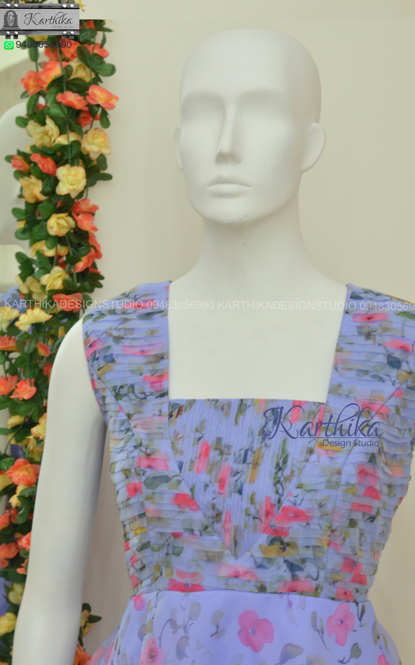 Lavender floral pleated organza frock