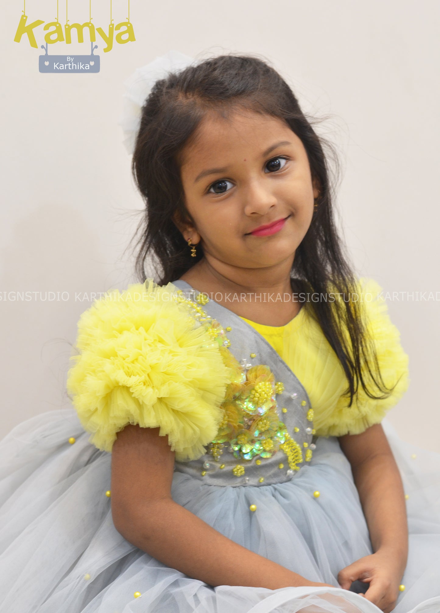 Grey and lemon yellow net frock