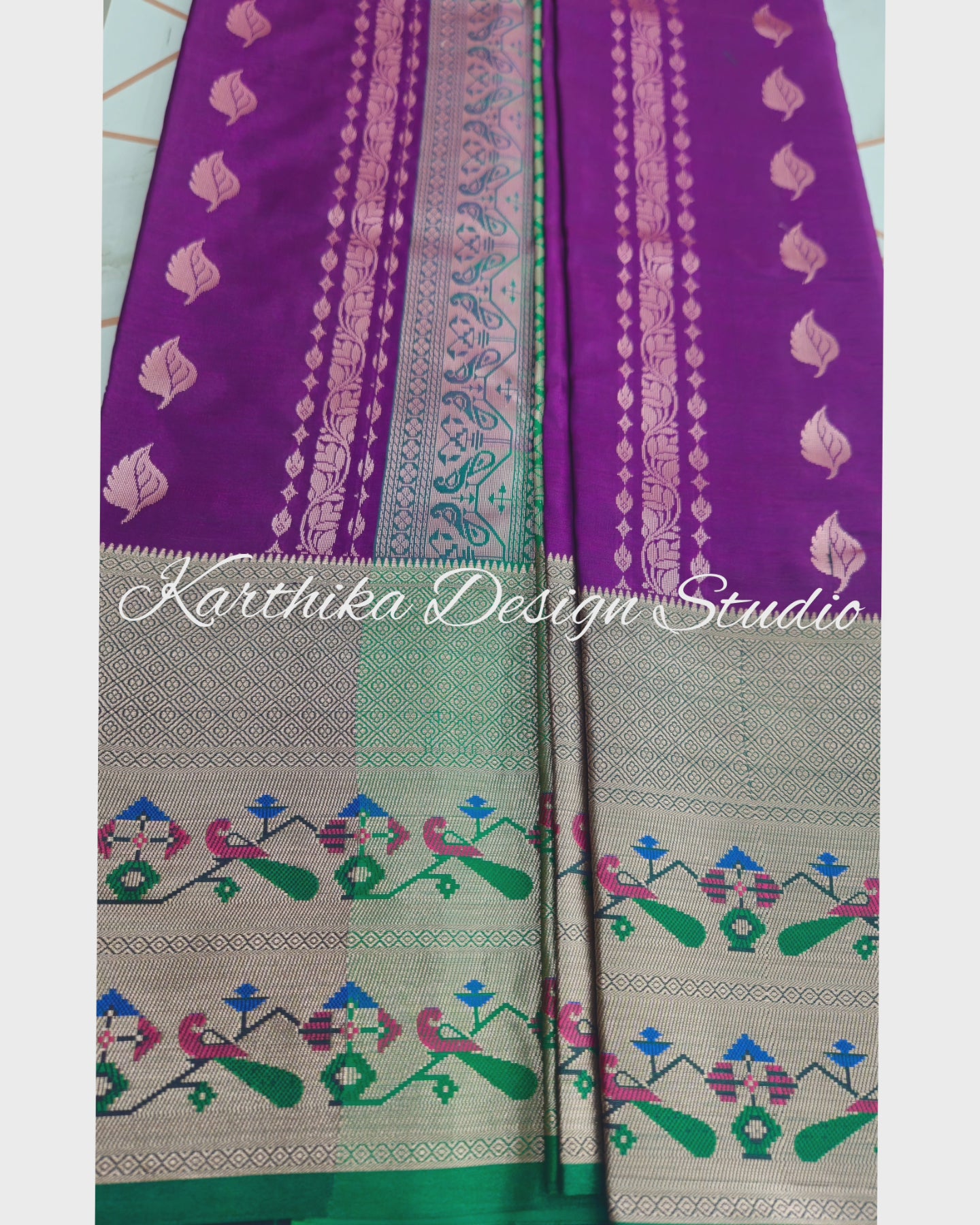 Bright voilet and green silk saree