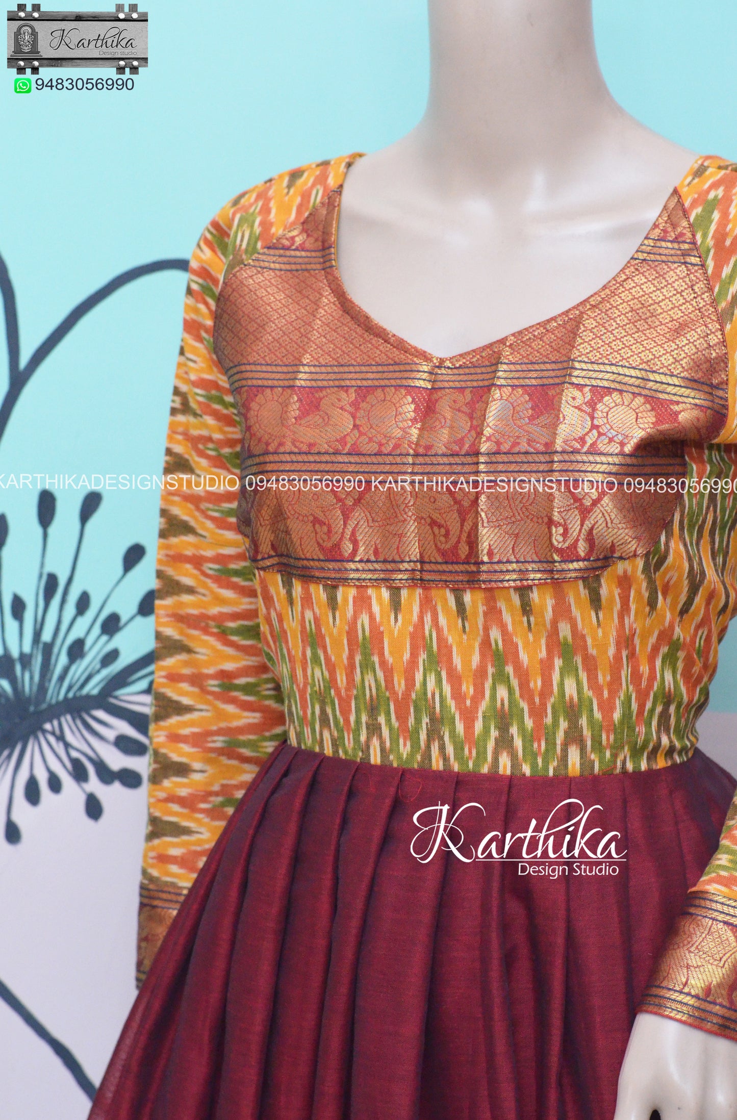 Multicolor Ikkat and Maroon narayanpet cotton long gown..