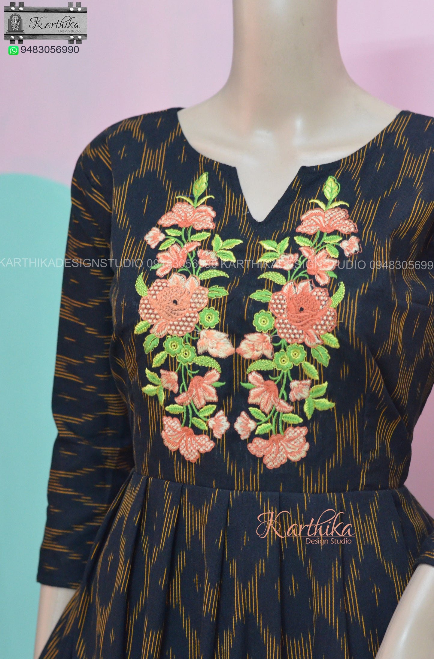 Embroidered Ikkat cotton frock..