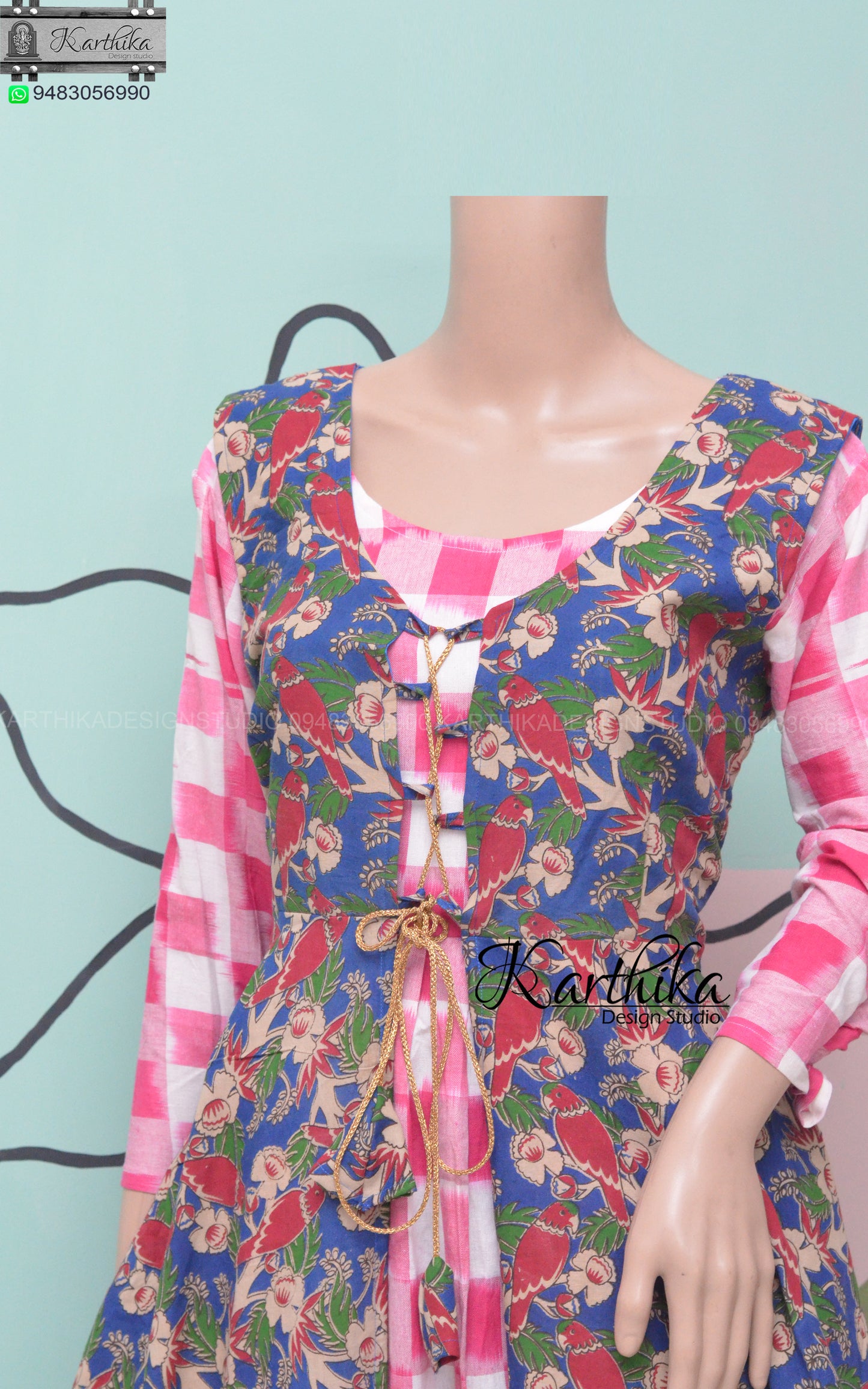 Ikkat cotton kurthi with kalamkari coat..