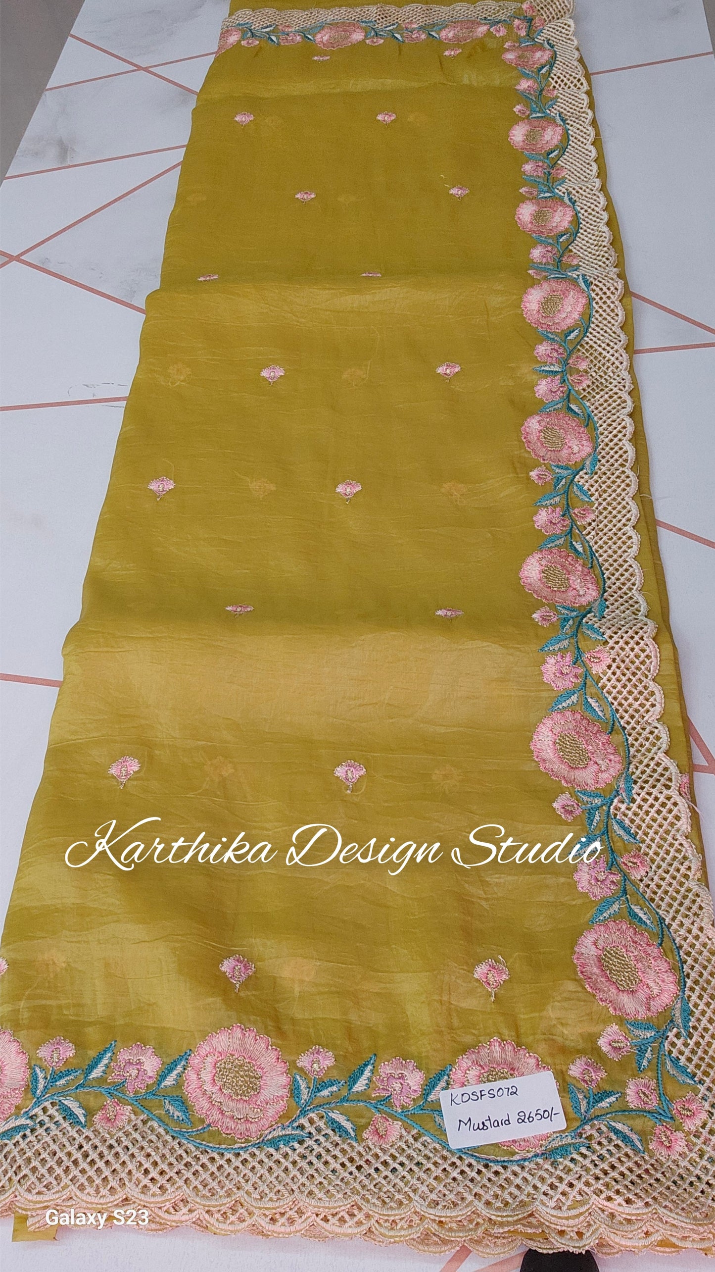 Mustard yellow Crushed Jimmychoo saree with cutwork border