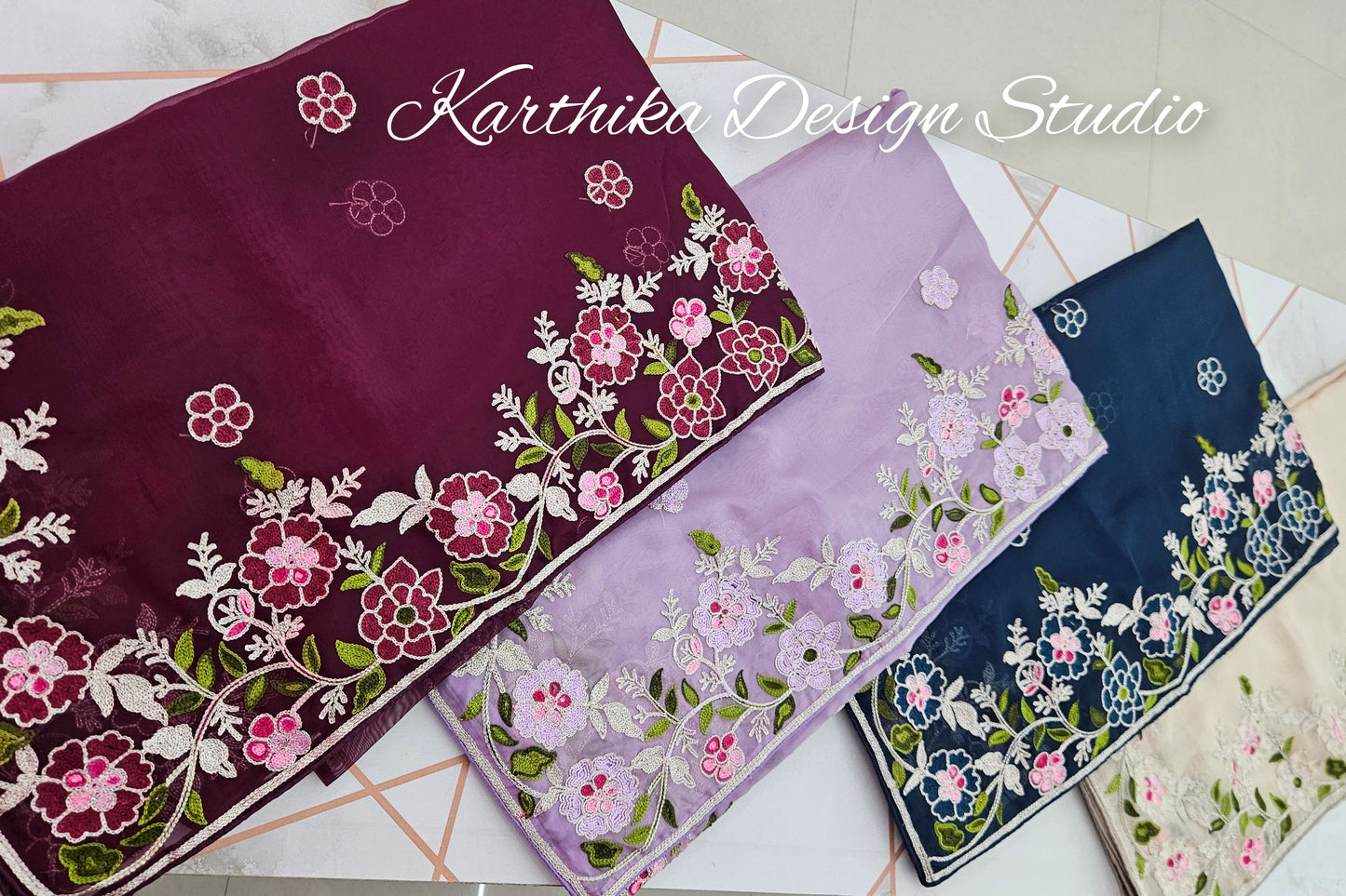 Navy blue soft georgette saree with thread embroidery